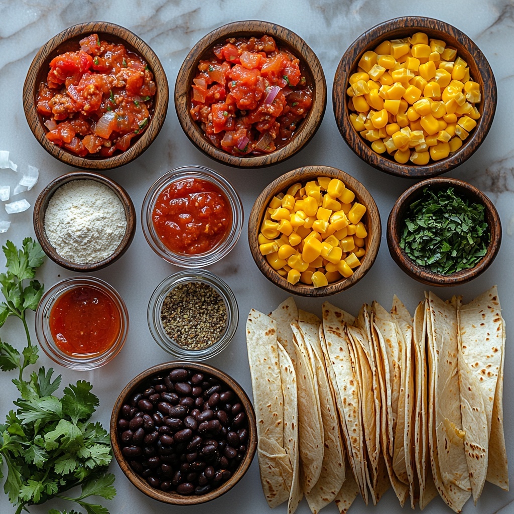 11- Flat lay photography of ingredients for homemade beef enchilada casserole arranged neatly on a clean white marble surface. Small rustic wooden bowls hold 1 tbsp olive oil, 1 tbsp flour, and finely minced 2 garlic cloves. A small clear glass bowl contains 15 oz tomato sauce with deep red color. Another bowl with rinsed black beans shows glossy black textures. Next to it, 4.5 oz chopped green chiles with vibrant green hues. A small heap of ground beef displays rich brown and slightly coarse texture. Two small whole onions, one whole and one finely diced, placed side by side highlighting fine cuts and smooth skin. A neat pile of 12 corn tortillas cut into 1-inch strips arranged in a fan shape, showcasing their pale yellow color and soft texture. Measuring spoons with chili powder, cumin, oregano, salt, and black pepper arranged in a row displaying warm earthy tones of spices. A generous mound of shredded Colby Jack cheese with creamy orange and white marbling is placed on crinkled parchment paper. Warm natural lighting emphasizes the fresh colors and textures. Minimal shadows, clean composition, negative space around ingredients for an airy look. Overhead shot, top down view, flat lay photography, professional food styling --ar 1:1 --q 2 --s 750 --v 6.1