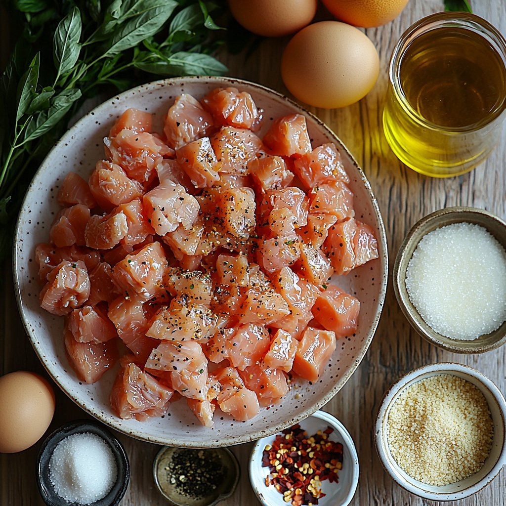 12- panko breadcrumbs in a small rustic bowl with finely processed golden crumbs spilling slightly onto the clean white surface; raw boneless, skinless chicken thighs cut into bite-sized chunks, arranged neatly on a sleek white plate showing their pale pink hue; two large eggs in a simple glass bowl, yolks bright yellow and whites translucent; a shallow dish with a dusting of white flour forming a soft pile; a small clear dish of light golden vegetable oil with a glossy surface; minced fresh ginger and garlic presented side by side on small white spoons, showing their vibrant yellow and creamy white colors; crushed red pepper flakes in a tiny ceramic bowl with vivid red specks; a small bowl of smooth white cornstarch; a stemmed glass containing clear rice wine; a small glass with bright orange juice made from zest-fresh oranges, whole fresh orange with vibrant orange peel and zest curls beside it; a tiny dish of deep amber sesame oil; a shallow bowl of dark low sodium soy sauce reflecting light; white sugar and white vinegar held in matching petite bowls, sugar with crystalline texture and vinegar clear and glossy; all ingredients arranged symmetrically across a pristine, light-colored wooden surface with soft natural light casting gentle shadows, styled with minimal greenery and subtle linen napkins for contrast, highlighting fresh textures and vibrant colors, overhead shot, top down view, flat lay photography, professional food styling --ar 1:1 --q 2 --s 750 --v 6.1