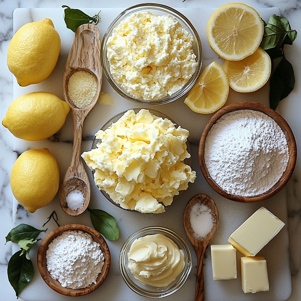 1- butter (softened, creamy pale yellow blocks), granulated sugar (white crystals in a small glass bowl), large brown eggs (three whole), full-fat sour cream (thick, smooth white dollop in a ceramic bowl), dry lemon pudding mix (fine yellow powder in a small dish), fresh lemon zest (bright yellow strands), freshly squeezed lemon juice (pale yellow liquid in a small glass pitcher), cake flour (soft white powder in a measuring cup), baking powder (white fine powder in a tiny bowl), salt (coarse white grains in a small dish), cream cheese (softened, creamy white block on parchment), powdered sugar (fine white dust in a cup with a small sifter), additional lemon zest for garnish — all arranged neatly on a clean white marble surface with natural light casting soft shadows, a few fresh whole lemons and green leaves scattered for color contrast, wooden spoons and vintage measuring cups included for texture variety, minimalistic rustic styling emphasizing freshness and natural colors, overhead shot, top down view, flat lay photography, professional food styling --ar 1:1 --q 2 --s 750 --v 6.1