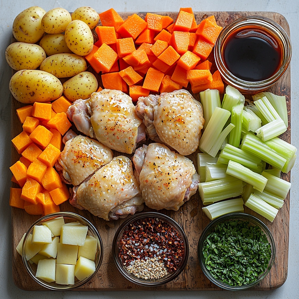 bone-in skin-on chicken thighs with golden crispy skin, medium whole yukon gold potatoes with smooth yellow skin, medium sweet potato with reddish-brown peel, bright orange chopped carrots sliced diagonally, fresh celery stalks cut into pale green pieces diagonally, thinly sliced shallot strips with light purple hue, peeled large garlic cloves minced finely, small bowls of golden olive oil, dark brown soy sauce in a glass container, warm amber honey in a small jar, ground ginger powder in a rustic heap, rustic coarse salt and cracked black peppercorns scattered gently, all ingredients neatly arranged on a clean white marble surface with natural light casting soft shadows, vibrant colors contrasting with the neutral background, textures ranging from smooth potato skins to rough chicken skin and finely minced garlic, wooden cutting board and vintage kitchen knife subtly placed nearby for added styling, minimalistic and airy layout emphasizing freshness and variety of ingredients overhead shot, top down view, flat lay photography, professional food styling --ar 1:1 --q 2 --s 750 --v 6.1