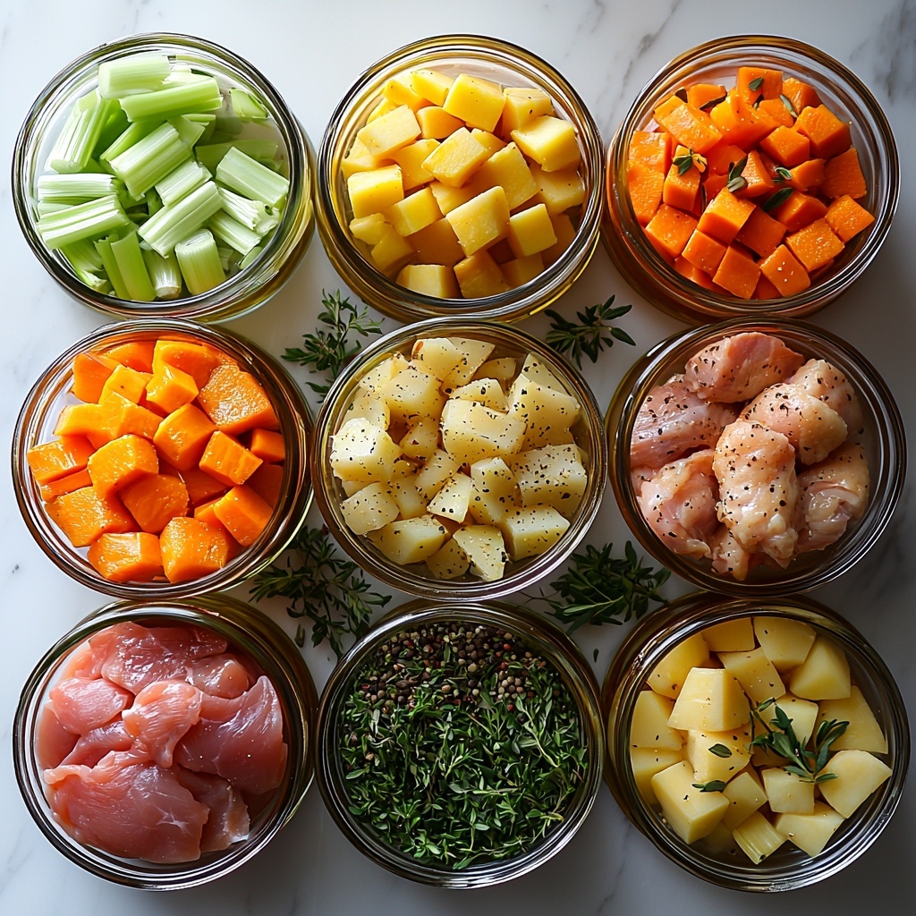 Marinade ingredients in a large clear glass bowl with visible herbs and spices, raw chicken thighs nearby with their glossy, pale pink skin, rustic chunks of potatoes and sweet potatoes with earthy orange and cream tones and rough peel texture, diagonally sliced bright orange carrots and fresh leafy green celery sticks arranged in neat piles, thin strips of translucent shallot with a slight purple hue, a small bowl of golden olive oil with a subtle sheen, scattered sprigs of fresh thyme and parsley adding vibrant green accents, all items carefully spaced and balanced on a clean white marble surface that enhances the colors and natural textures, soft natural light casting gentle shadows emphasizing freshness and rustic charm, minimalistic yet inviting composition, overhead shot, top down view, flat lay photography, professional food styling --ar 1:1 --q 2 --s 750 --v 6.1