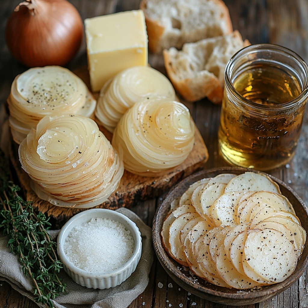 4 large thinly sliced yellow onions with delicate translucent layers fanned out next to a small vintage bowl of golden unsalted butter and a small glass dish of rich olive oil; next to them, a tiny white ramekin holding fine white sugar crystals and two peeled garlic cloves finely minced on a wooden spoon; a rustic ceramic bowl filled with deep amber beef broth beside a clear glass carafe of pale straw-colored dry white wine; a small bunch of fresh green thyme sprigs artistically scattered nearby, coarse salt and cracked black peppercorns in miniature ceramic dishes; a crisp golden baguette sliced into even rounds arranged in a neat row on a linen napkin showcasing their airy texture; and a white bowl heaped with finely grated creamy pale yellow Gruyère cheese with soft curls; all ingredients arranged thoughtfully on a clean, light neutral surface with natural soft daylight casting gentle shadows to emphasize textures and colors; minimal props in muted earthy tones to enhance the warm, inviting palette, styled with a balance of rustic charm and modern elegance -- overhead shot, top down view, flat lay photography, professional food styling --ar 1:1 --q 2 --s 750 --v 6.1