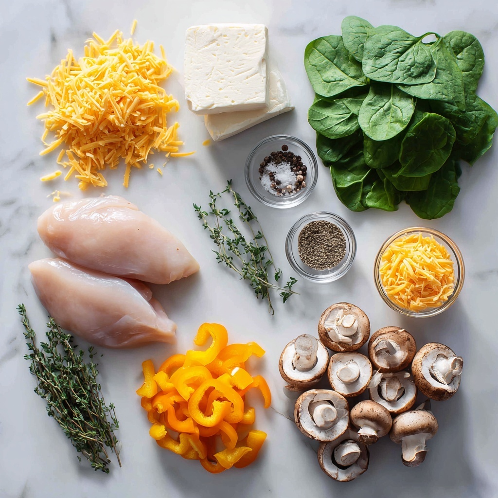 Boneless, skinless chicken breasts raw and whole, fresh vibrant green spinach leaves loose in a small pile, smooth blocks of creamy white cream cheese partially cut, shredded sharp cheddar cheese bright orange scattered in a small bowl, small glass bowls with garlic powder and onion powder fine powders, coarse salt crystals and black peppercorns in tiny dishes, fresh sprigs of parsley and thyme vivid green, diced bell peppers in red, yellow, and orange colors neatly arranged, sliced brown mushrooms with visible texture, all ingredients artfully spaced on a clean white marble surface with soft natural lighting highlighting textures and vibrant colors, slight shadows for depth, minimal props for a fresh and inviting look, overhead shot, top down view, flat lay photography, professional food styling --ar 1:1 --q 2 --s 750 --v 6.1