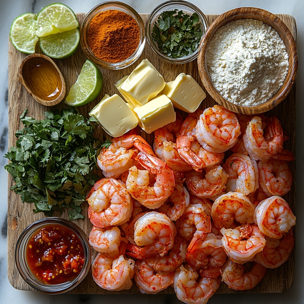 A vibrant flat lay of Cajun shrimp ingredients arranged neatly on a clean white marble surface: a pile of uncooked pink shrimp displayed on a small rustic wooden board; a small white bowl filled with rich red Cajun seasoning powder; diced bright red bell pepper scattered artfully next to a silver tablespoon with golden olive oil glistening inside; a square chunk of creamy pale yellow butter beside three peeled garlic cloves with visible texture; a small bowl of fine white flour; a glass measuring cup containing light golden chicken broth; a small glass container holding smooth off-white heavy cream; a tiny jar of golden honey glistening under the light; a small bottle labeled hot sauce with deep red liquid; a vibrant bowl of diced tomatoes with green chilies, some juice slightly pooling beside it; a small heap of shredded orange and white cheddar jack cheese; a lime cut into wedges showing juicy bright green flesh; a scattering of roughly chopped fresh cilantro leaves offering lush green contrast; a few rustic wooden spoons containing brown sugar, mustard powder, oregano, cayenne pepper, and red pepper flakes arranged in a visually balanced manner; overall bright natural lighting emphasizing rich colors and diverse textures, shadows soft and minimal; the composition is clean, airy, and inviting, with a harmonious balance between rustic and refined elements. overhead shot, top down view, flat lay photography, professional food styling --ar 1:1 --q 2 --s 750 --v 6.1
