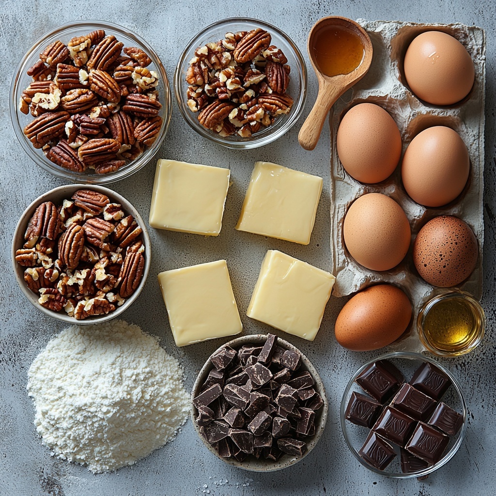 A clean, bright white surface styled with the main ingredients for a Texas Chocolate Pecan Pie arranged neatly for overhead flat lay photography. Include a small mound of all-purpose flour with a delicate dusting around it, a small pile of coarse salt crystals nearby. Next to them, cold cubed unsalted butter, pale yellow and slightly glossy, arranged in a neat cluster. A small glass bowl of ice water with subtle condensation. Nearby, a small glass bowl filled with light amber corn syrup with smooth, glossy surface reflecting light. A bowl of fine granulated white sugar with a soft sparkle. Melted butter in a small clear bowl, warm golden hue with a silky texture. Four large, smooth brown eggs arranged in a rustic line or triangle. A small glass bottle or dropper of vanilla extract with rich amber tones. A heap of chopped pecans showcasing their warm, toasted, textured browns and intricate shapes. A cup-like container filled with glossy, dark semi-sweet chocolate chips, reflecting soft highlights. Natural, soft daylight with gentle shadows enhancing textures and colors. Minimal props, subtle linen napkin folded softly in one corner, a wooden spoon with a light patina for rustic warmth. Clean, elegant, warm, inviting composition for a homey yet polished feel. overhead shot, top down view, flat lay photography, professional food styling --ar 1:1 --q 2 --s 750 --v 6.1