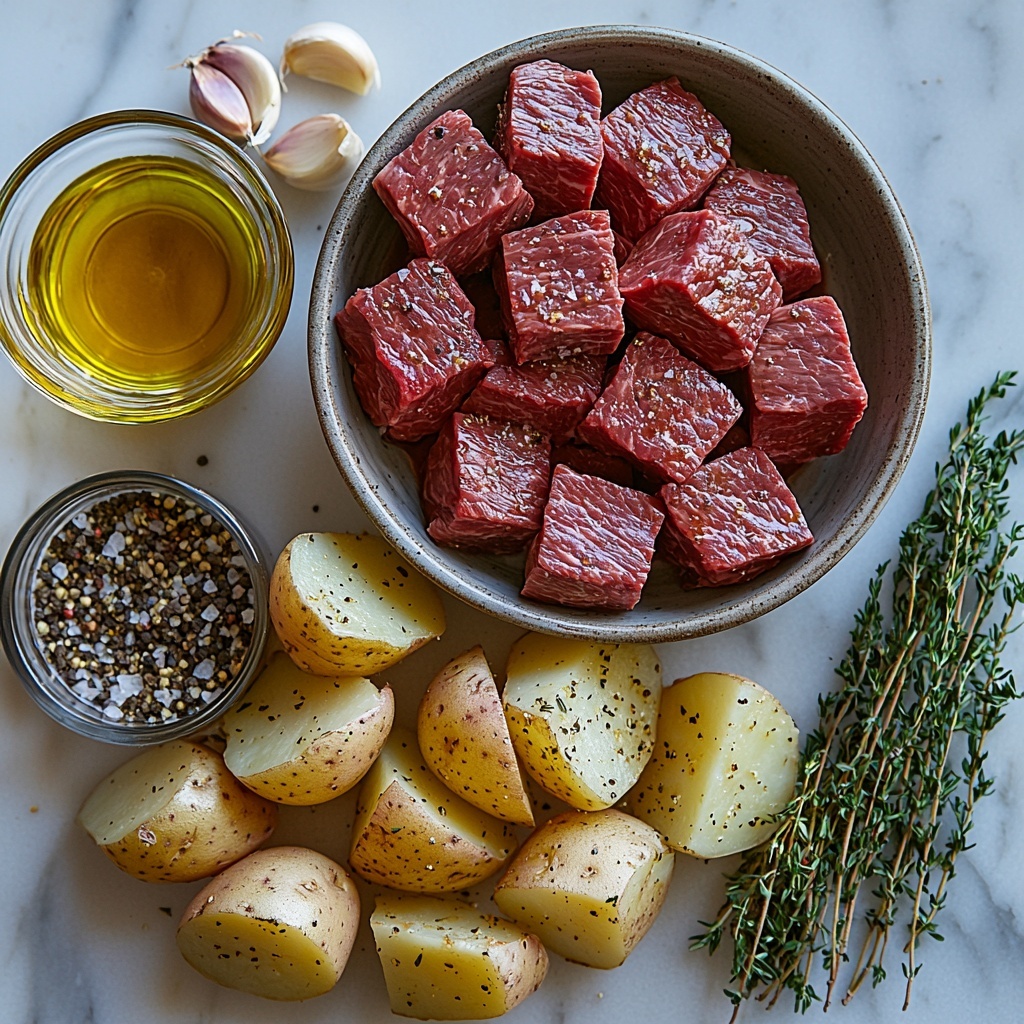 Steak and Potato Bake ingredients arranged on a clean white marble surface: raw steak cubes rich red with marbling stacked neatly in a small rustic ceramic bowl; four large potatoes thinly sliced, fanned out in a semi-circle showcasing their pale yellow flesh and smooth skin; a whole onion chopped into irregular chunks scattered beside the potatoes with golden-brown sautéed garlic cloves grouped nearby; a small glass bowl of golden olive oil glistening under soft light; a clear glass measuring cup filled with rich, dark brown beef broth; coarse sea salt crystals and cracked black peppercorns sprinkled artfully on the surface; fresh rosemary and thyme sprigs with deep green needles laid diagonally adding contrasting texture and color. Soft natural light highlights the textures and colors, creating gentle shadows; subtle rustic linen napkin partially visible on one edge; minimalist clean styling with space between elements for visual balance. Overhead shot, top down view, flat lay photography, professional food styling --ar 1:1 --q 2 --s 750 --v 6.1