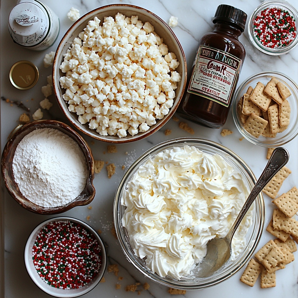 cream cheese softened in a small bowl with a silver spoon, white powdered sugar in a glass ramekin, a small bottle of vanilla extract with a vintage label, melted white chocolate chips in a clear heatproof bowl with a smooth glossy texture, a shallow dish filled with golden crushed graham crackers showing crumbly texture, a dollop of fluffy whipped topping (Cool Whip) on a white ceramic plate, two small bowls containing vibrant red and green melted candy melts with a silky shine, scattered festive holiday sprinkles in red, green, white, and gold colors artfully placed around the ingredients on a pristine white marble surface, natural soft light highlighting textures, minimal shadows, arranged neatly with balance and harmony, overhead shot, top down view, flat lay photography, professional food styling --ar 1:1 --q 2 --s 750 --v 6.1