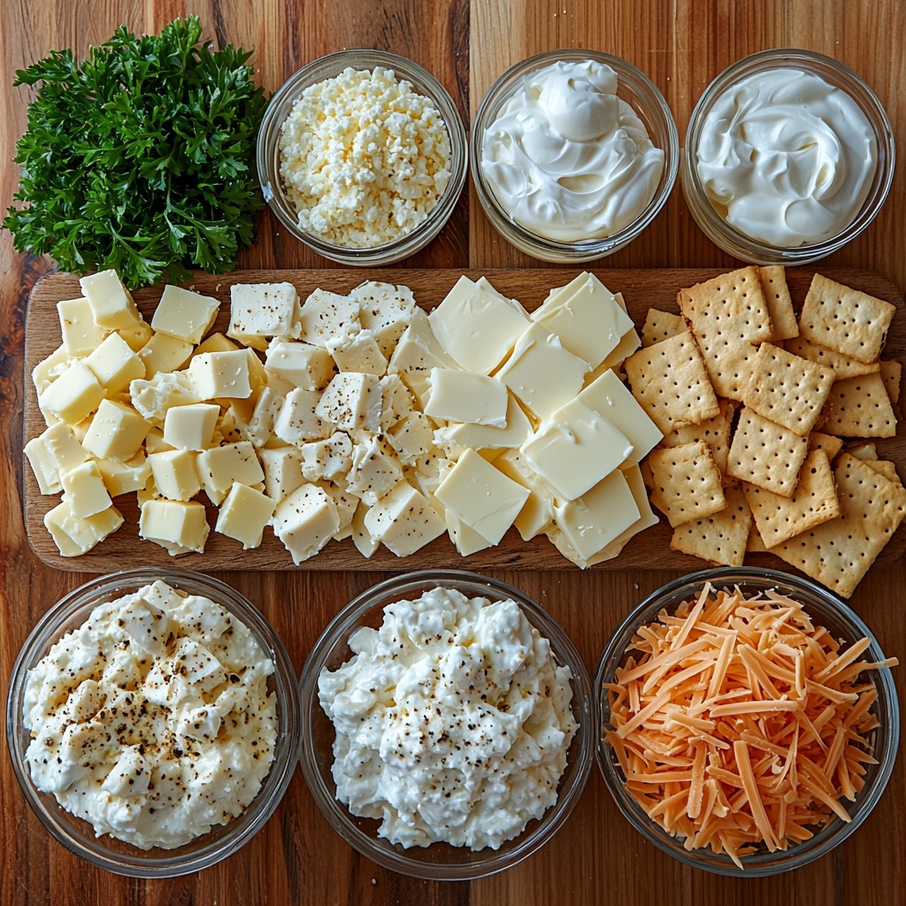 2 cups cooked chicken diced and shredded, 1 package (8 ounces) cream cheese softened, 1 cup white cottage cheese, 1/2 cup sour cream in a small white bowl, 1/4 cup creamy mayonnaise, 1 can (10.5 ounces) cream of chicken soup with smooth texture, 1/2 cup grated pale yellow Parmesan cheese, 1 cup shredded mozzarella cheese bright white and fluffy, 1 cup golden crushed Ritz crackers with a buttery sheen, 1/4 cup melted unsalted butter in a small glass bowl, small piles of salt and black peppercorns, 1 teaspoon garlic powder and 1 teaspoon onion powder in tiny white porcelain spoons, 2 tablespoons fresh chopped bright green parsley scattered loosely, all ingredients arranged neatly on a clean light wood surface with natural daylight casting soft shadows, balanced composition highlighting contrasting colors and textures, rustic yet elegant styling with minimal props, overhead shot, top down view, flat lay photography, professional food styling --ar 1:1 --q 2 --s 750 --v 6.1