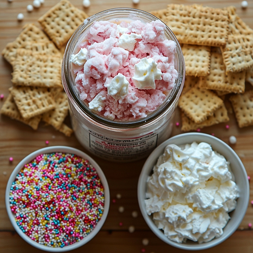 Frozen pink lemonade concentrate in a small glass jar with visible icy crystals, next to a vintage 14 oz. can of sweetened condensed milk with a partially peeled label, a smooth bowl of fluffy white whipped topping with soft peaks, a neat stack of golden-brown graham cracker squares arranged in a grid pattern, a small white bowl filled with glossy white chocolate melting wafers, and a tiny ceramic dish of colorful rainbow sprinkles spilling slightly onto the surface. All ingredients are carefully spaced on a clean pale wooden surface with soft natural light casting gentle shadows. A few graham cracker crumbs scattered artfully around add texture and warmth. The colors contrast beautifully: vibrant pinks, creamy whites, golden browns, and multicolored sprinkles, evoking freshness and sweetness. Overhead shot, top down view, flat lay photography, professional food styling --ar 1:1 --q 2 --s 750 --v 6.1