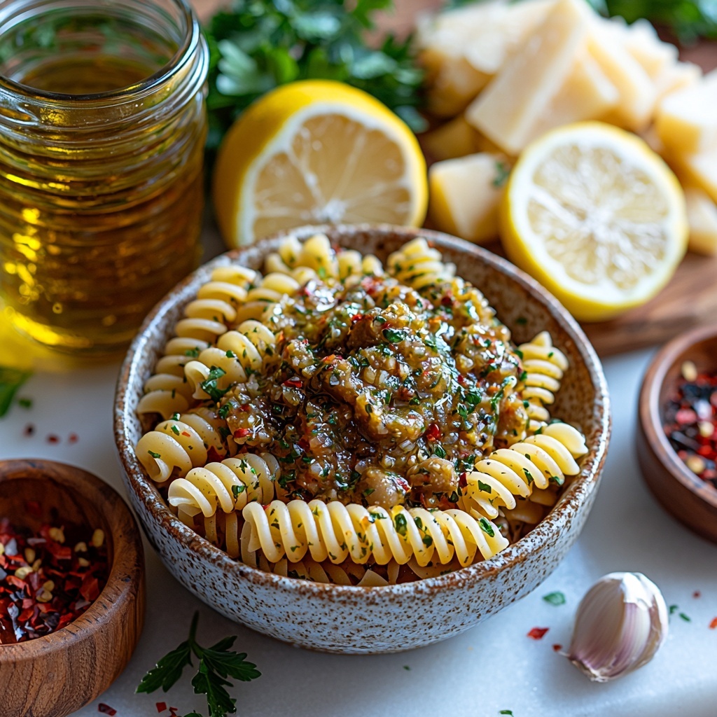 Olive tapenade in a small rustic bowl with visible chopped olives and herbs, 16 oz dry pasta (spiral or penne) loosely arranged in a neat pile showcasing its pale golden texture, a small glass jar of golden garlic-infused olive oil with a couple of garlic cloves beside it, a fresh lemon cut in half displaying its bright yellow juicy interior, a small heap of finely grated Parmigiano Reggiano cheese on a white ceramic plate, a small bowl of finely chopped vibrant green parsley, a tiny wooden dish holding deep red pepper flakes, all placed separately but harmoniously spaced on a clean white marble surface. Soft natural light casts gentle shadows emphasizing the varied textures—shiny tapenade, rough grated cheese, smooth pasta, and fresh herbs. Minimalistic styling with neutral-toned linen napkin folded casually at one corner and a few scattered loose parsley leaves and lemon zest for organic accents. Overhead shot, top down view, flat lay photography, professional food styling --ar 1:1 --q 2 --s 750 --v 6.1