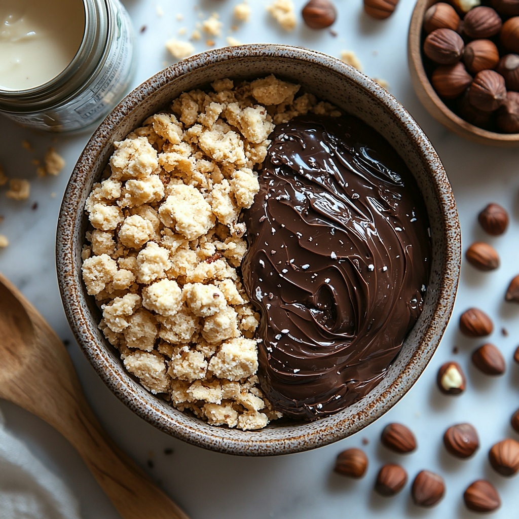 250g crushed digestive biscuits in a small rustic bowl, golden brown crumbly texture scattered lightly around, a tin can of sweetened condensed milk with the label visible, creamy thick white condensed milk gently poured in a small glass jar, a bar of dark chocolate partially melted with smooth glossy texture in a shallow white dish, roughly chopped toasted hazelnuts with warm brown and golden hues displayed in a small wooden bowl and scattered in a natural rustic pattern on a clean white marble surface, soft natural lighting highlighting the rich colors and textures, shadows softly diffused, minimal props including a wooden spatula and parchment paper pieces artfully placed nearby, clean and bright aesthetic emphasizing contrast between smooth chocolate, crumbly biscuits, and crunchy nuts, overhead shot, top down view, flat lay photography, professional food styling --ar 1:1 --q 2 --s 750 --v 6.1