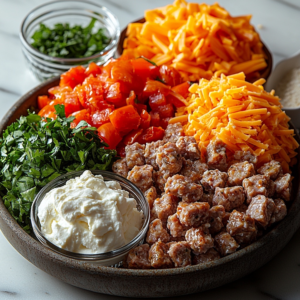 breakfast sausage raw links in a small rustic bowl, softened cream cheese in a smooth dollop on a white ceramic plate, drained diced Rotel tomatoes with green chilies in a small glass bowl showcasing vibrant red and green colors, shredded sharp cheddar cheese in a neat pile with bright orange-yellow color and fluffy texture, all-purpose flour in a small mound dusted lightly on the surface, baking powder in a tiny white porcelain spoon, scattered garlic powder, onion powder, and black pepper in delicate pinches beside the bowls, a few sprigs of fresh chopped parsley adding a pop of green, all ingredients carefully arranged on a clean white marble countertop with soft natural light casting gentle shadows, emphasizing varied textures from creamy to granular, color contrast between warm tones of cheese and sausage and fresh green herbs, styled with minimal props for a fresh, inviting look—overhead shot, top down view, flat lay photography, professional food styling --ar 1:1 --q 2 --s 750 --v 6.1