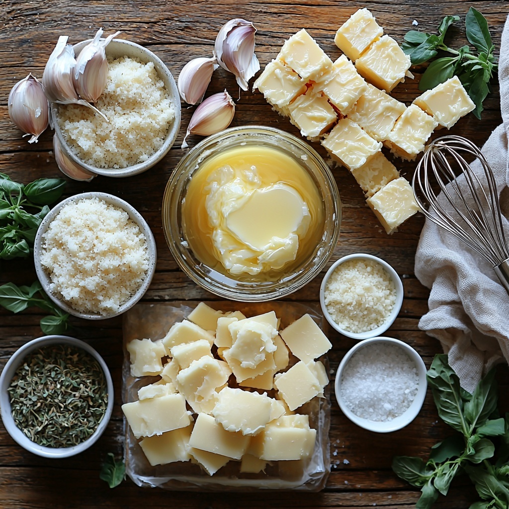 a clean, rustic wooden surface with all main ingredients neatly arranged for overhead photography: a small glass bowl of melted golden butter shimmering under soft natural light, a small white ramekin filled with freshly grated pale yellow Parmesan cheese showing delicate texture, a few small white ceramic spoons each holding fine powders of garlic powder (off-white), dried oregano (deep green flakes), dried parsley flakes (bright green), and a pinch of fine light pink salt crystals. Next to these, an unopened 16-ounce tube of refrigerated buttermilk biscuits with a smooth pale dough exterior sits alongside a few individual biscuit halves, showcasing their soft, flaky texture. A small whisk rests casually beside the butter bowl. The ingredients are spaced evenly with gentle shadows adding depth, styled with fresh linen napkins and warm tones to evoke a cozy kitchen atmosphere. overhead shot, top down view, flat lay photography, professional food styling --ar 1:1 --q 2 --s 750 --v 6.1