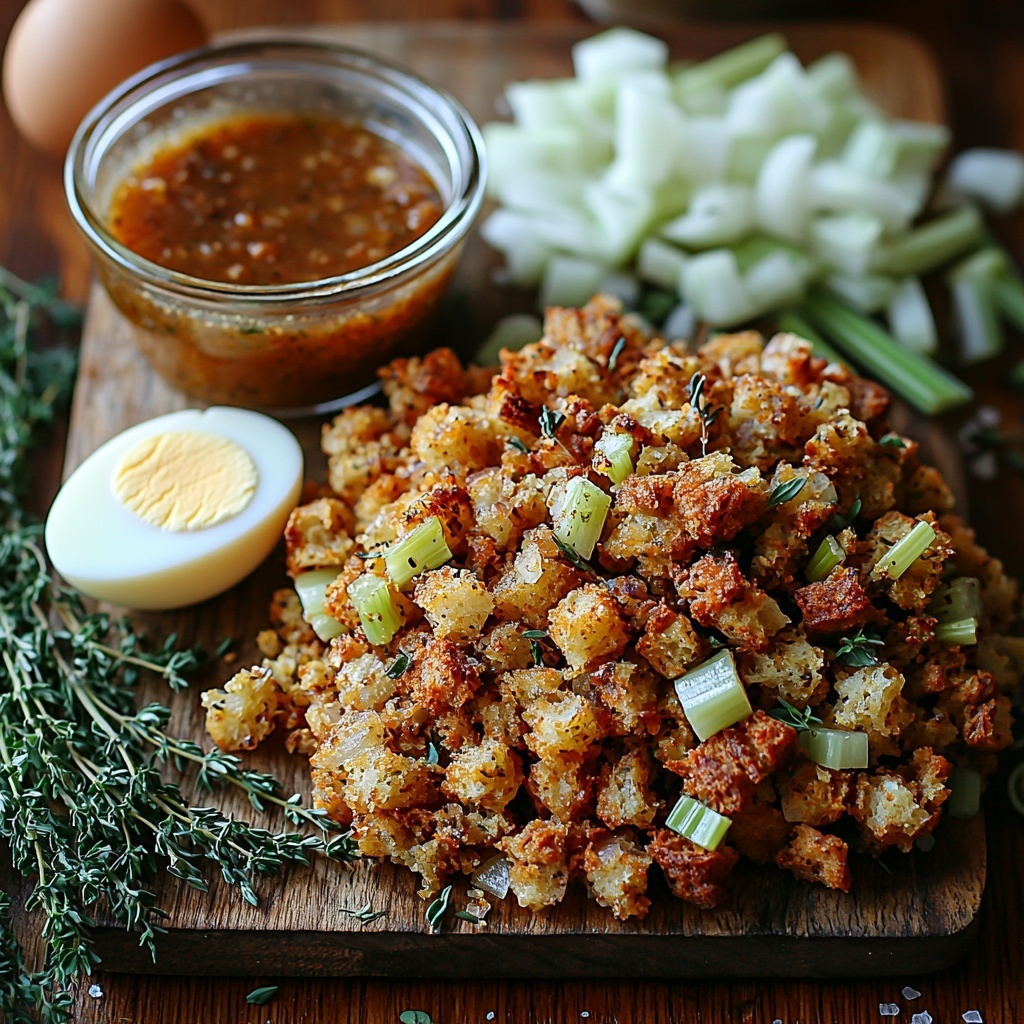 Prompt: A clean, rustic wooden surface artfully arranged with ingredients for gravy-stuffed stuffing muffins: a mound of golden-brown crumbled stuffing with visible herbs and small bits of celery and onion; a small glass bowl of thick, glossy brown gravy with subtle steam rising; fresh sprigs of bright green thyme and sage leaves scattered casually; a small pile of diced, translucent onions; a halved brown egg cracked open showing a vibrant yellow yolk; a pat of pale, creamy butter resting on parchment paper; and a few cracked black peppercorns sprinkled lightly around. Warm natural light highlights the varied textures—crispness of the stuffing, smooth sheen of the gravy, delicate veining of the herbs—creating inviting contrast and depth. Overhead shot, top down view, flat lay photography, professional food styling --ar 1:1 --q 2 --s 750 --v 6.1