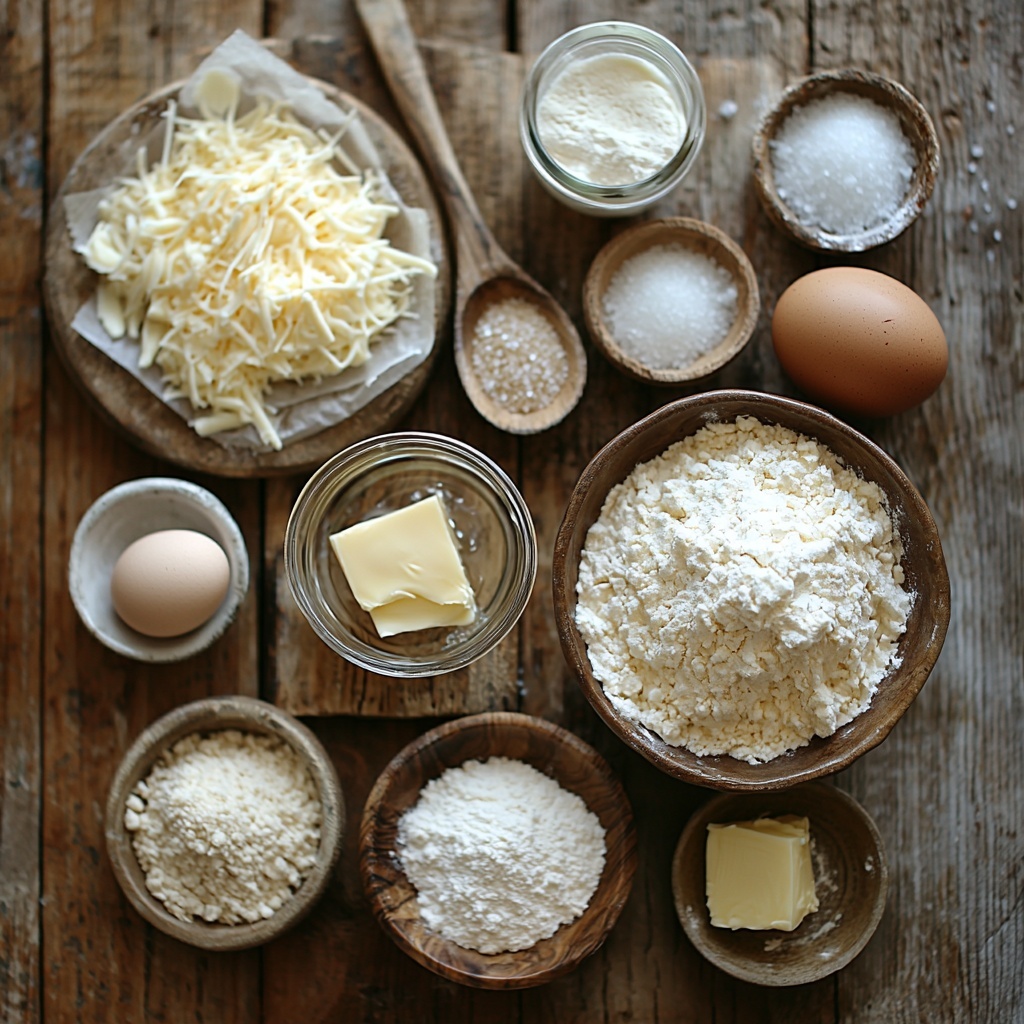 Warm water in a clear glass measuring cup, active dry yeast in a small rustic bowl with visible granules, a wooden spoon resting beside a small mound of granulated sugar sparkling under soft light, a heap of all-purpose flour in a white ceramic bowl with a slightly textured surface, a small dish of fine salt crystals gleaming, a glass bowl filled with golden melted butter catching the light, a small plate piled with shredded mozzarella cheese showing soft, creamy texture and delicate strands, a single large brown egg resting on a natural linen napkin, a small vintage bowl holding coarse salt crystals that catch the light, a shallow white dish with a small amount of white baking soda powder, all ingredients carefully spaced and arranged on a clean, neutral-toned wooden surface that enhances their natural colors and textures, soft natural lighting creating gentle shadows for depth, minimalistic styling with a touch of rustic charm, fresh and inviting mood, overhead shot, top down view, flat lay photography, professional food styling --ar 1:1 --q 2 --s 750 --v 6.1