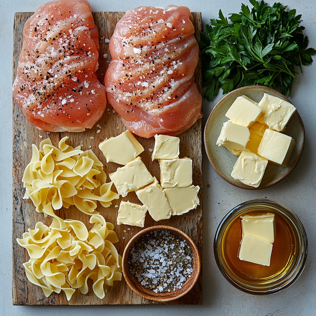 Flat lay photography of main ingredients for One-Pan Chicken with Buttered Noodles arranged neatly on a clean white surface: two raw chicken breasts seasoned with coarse salt, black pepper, and dried Italian herbs displayed on a small wooden cutting board; a rustic bundle of uncooked golden-yellow egg noodles loosely coiled next to a vintage porcelain bowl holding 4 tablespoons of creamy, pale yellow butter cubes; three cloves of peeled garlic finely minced and scattered beside a small ramekin of coarse sea salt and a pepper grinder; a clear glass measuring cup filled with translucent, light amber chicken broth; fresh bright green parsley sprigs placed artfully to one side, adding a pop of vibrant color; soft natural lighting enhancing the textures—the smooth chicken skin, the delicate curls of noodles, the creamy butter’s sheen, and the fine granular details of the salt and garlic; subtle shadows for depth, minimalistic styling with a touch of rustic charm, arranged with balanced negative space and clean composition. Overhead shot, top down view, flat lay photography, professional food styling --ar 1:1 --q 2 --s 750 --v 6.1