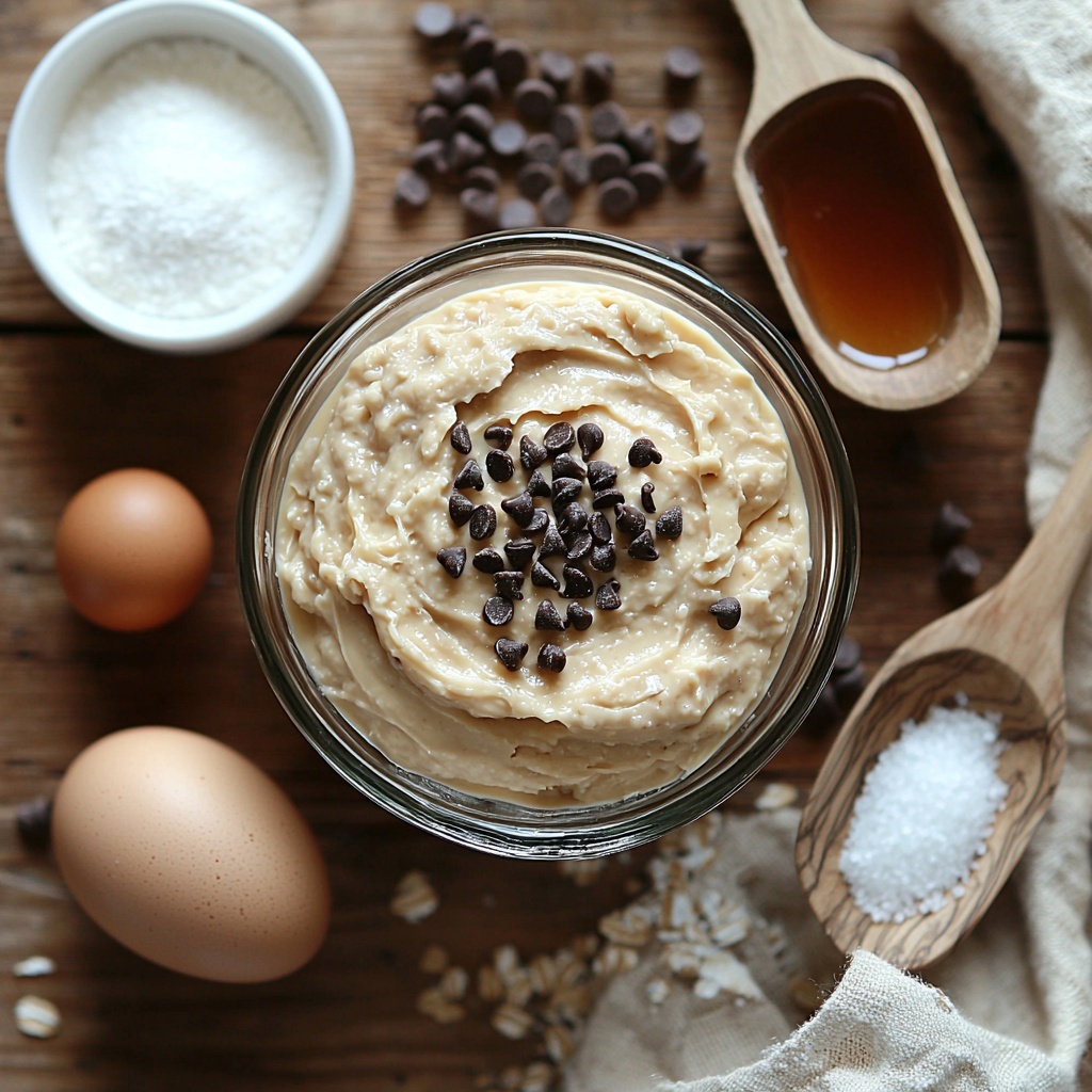 natural creamy peanut butter in a small glass bowl, smooth and shiny texture; a rustic wooden scoop filled with light brown coconut sugar, coarse granules visible; a single large brown egg with a smooth shell; a small white ceramic dish holding fine white baking soda powder; a tiny glass vial containing golden vanilla extract; a small heap of fine salt crystals on a white porcelain spoon; a mound of pale beige oat flour with a soft, powdery texture, some loose flakes around it; scattered dark chocolate chips with glossy surfaces; a small drizzle of amber maple syrup pooled next to a spoon; all ingredients carefully arranged on a clean, light wooden surface with natural soft daylight highlighting textures and subtle shadows; minimalistic styling with a neutral linen napkin folded nearby and a vintage silver spoon adding a touch of rustic charm, overhead shot, top down view, flat lay photography, professional food styling --ar 1:1 --q 2 --s 750 --v 6.1