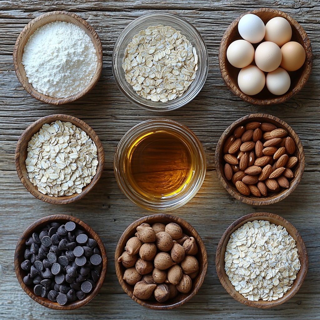 gluten-free oats in a small rustic bowl with visible texture, gluten-free all-purpose flour in a neat glass jar with some flour spilled artistically on the clean white surface, small bowls containing baking soda, baking powder, and salt arranged in a triangle, half cups of granulated sugar and packed brown sugar in transparent measuring cups showing the contrasting white and rich amber colors, a small glass dish with melted coconut oil shimmering softly, two large fresh eggs with smooth brown shells placed side by side, a tiny glass bowl of vanilla extract with dark amber color, a generous heap of semi-sweet chocolate chips forming a dark pile, a small bowl with chopped mixed nuts and dried fruit displaying varied colors and textures; all ingredients spaced evenly on a bright, clean wooden or white backdrop, styled with minimal props like wooden spoons and linen cloth edges, natural soft daylight illuminating the scene enhancing the textures and colors, slight shadows for depth, neutral color palette with warm earthy tones and subtle highlights, overhead shot, top down view, flat lay photography, professional food styling --ar 1:1 --q 2 --s 750 --v 6.1