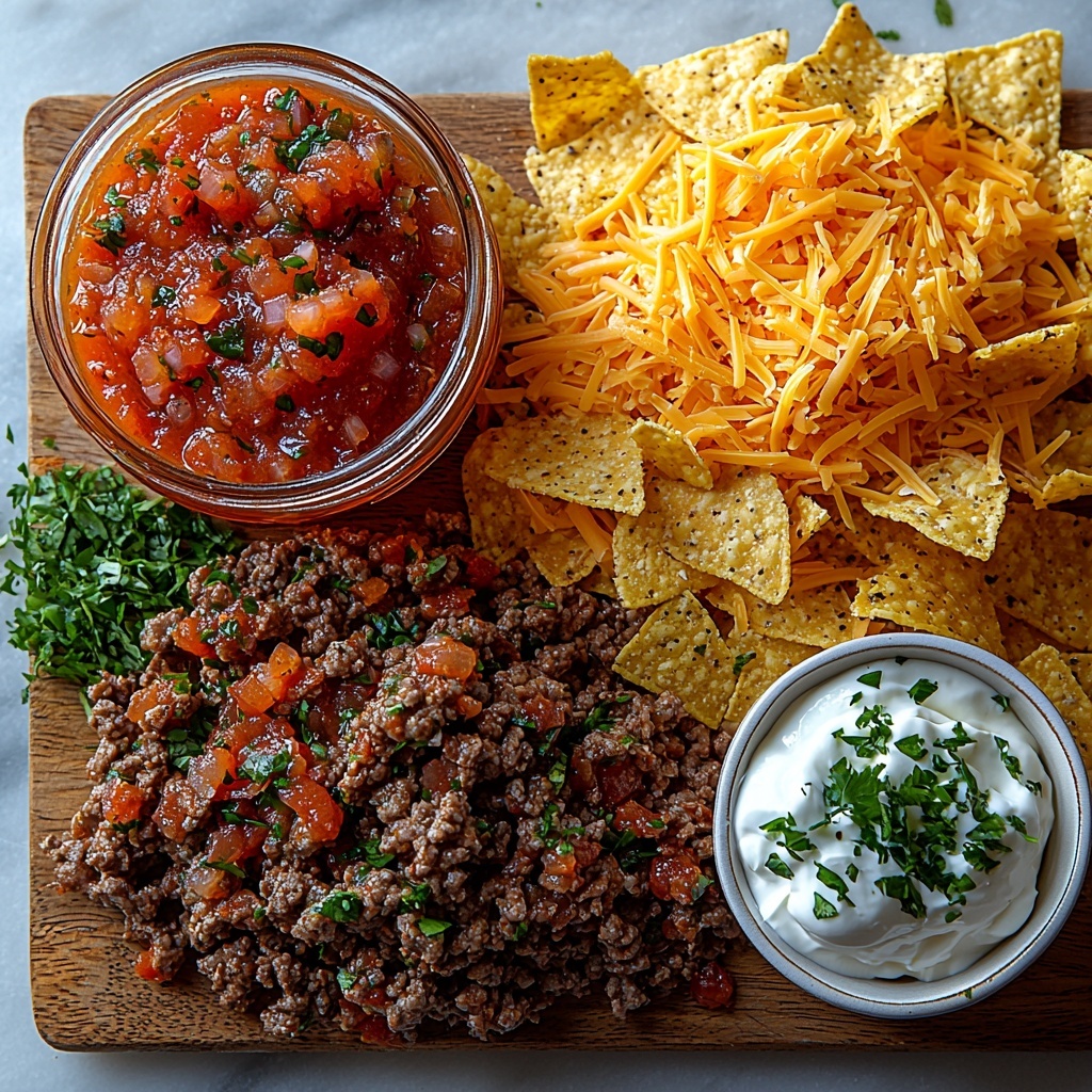 A clean white surface with a rustic wooden cutting board holding freshly chopped small onion pieces next to a mound of raw ground beef in deep red tones. Nearby, a small ceramic bowl filled with black beans, shiny and smooth, alongside a clear glass jar of vibrant red salsa. A heap of bright orange shredded cheddar cheese is artfully scattered, with some cheese spilling onto the surface for texture contrast. To the side, a small white bowl containing creamy white sour cream topped with finely chopped fresh green cilantro leaves. Golden, crispy tortilla chips fan out in a casual pile, their rough texture and warm color adding rustic charm. The ingredients are evenly spaced with natural, soft daylight casting gentle shadows, styled with minimal props to highlight freshness and bold colors. overhead shot, top down view, flat lay photography, professional food styling --ar 1:1 --q 2 --s 750 --v 6.1