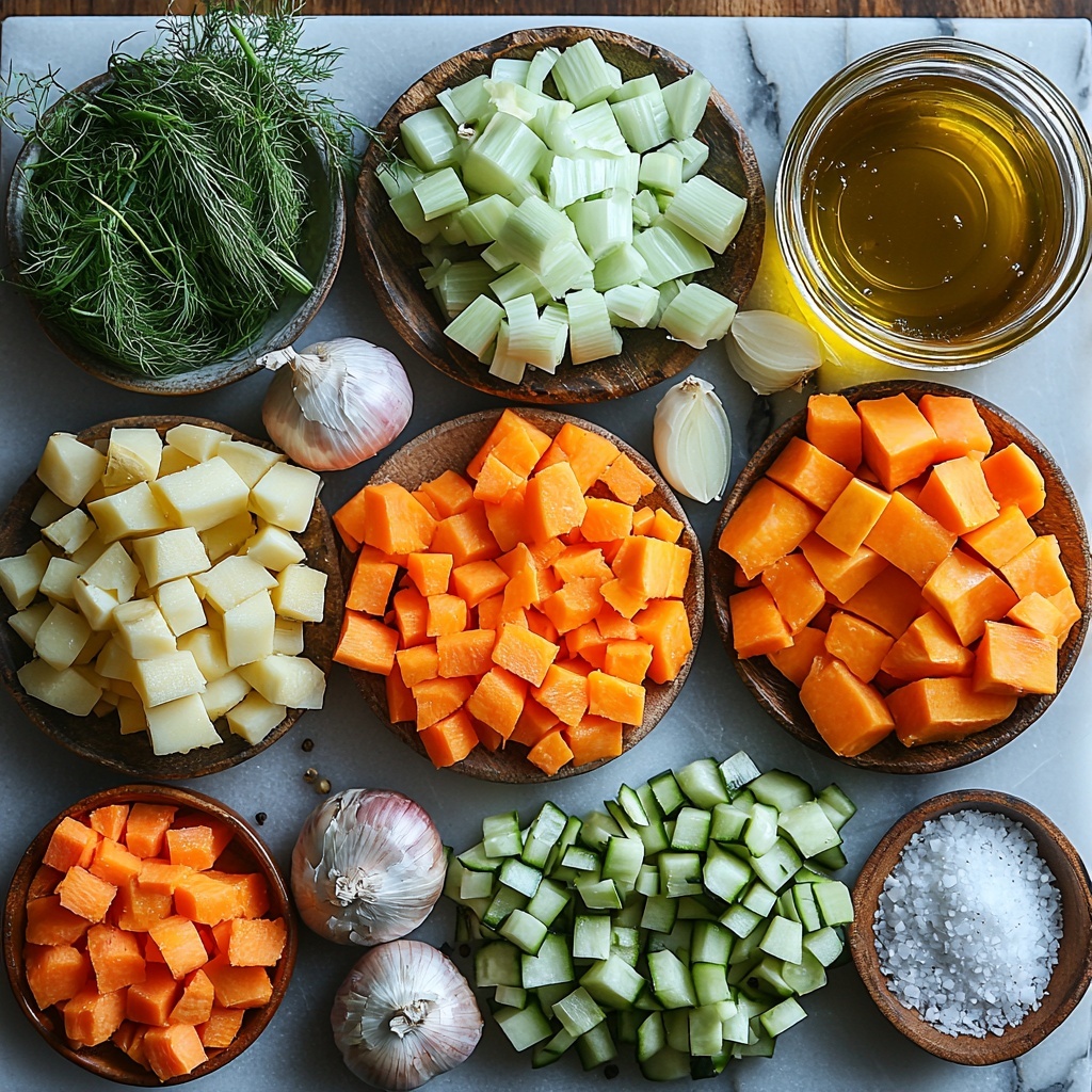 Vibrant flat lay of fresh soup ingredients arranged neatly on a clean white marble surface: a small bulb of white onion, finely chopped pieces of onion in a small bowl, a whole small fennel bulb with fronds, chopped fennel pieces in another dish, bright orange chunks of sweet potato alongside diced cubes, a pile of chopped bright orange carrots, two garlic cloves next to a small heap of minced garlic, a fresh 2-inch piece of ginger with some grated ginger displayed on a wooden spoon, a small glass jar of golden olive oil reflecting light, an open can of creamy lite coconut milk with some spilled gently on the surface, a rustic bowl of low sodium vegetable broth with a warm amber hue, and a small bowl of coarse salt and cracked black pepper. Textures range from smooth and creamy liquids to rough grated ginger and crisp fresh vegetables. Soft natural lighting highlights the vibrant autumnal colors, with subtle shadows for depth. Minimal props and clean lines emphasize freshness and simplicity. Overhead shot, top down view, flat lay photography, professional food styling --ar 1:1 --q 2 --s 750 --v 6.1