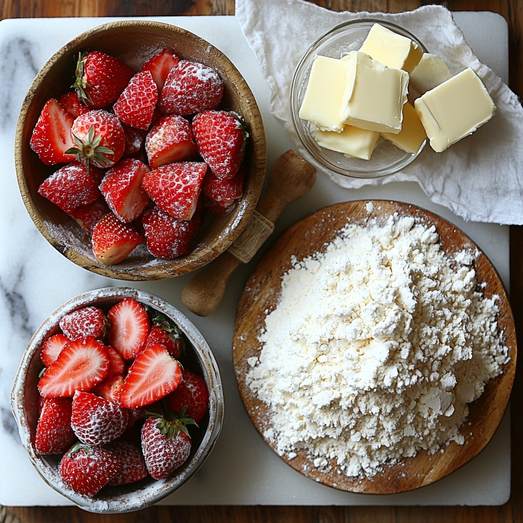 A clean white marble surface with a neat flat lay arrangement of ingredients for creamy strawberry cheesecake cookies: a small heap of fine white all-purpose flour next to a half cup of soft, pale yellow butter on a vintage wooden butter knife; a smooth block of cream cheese with a slightly glossy texture resting on parchment paper; a small mound of powdered sugar spilling gently from a delicate glass measuring cup; vibrant red diced fresh strawberries with tiny seeds visible, scattered artfully in a small ceramic bowl; a small clear glass bowl holding amber-colored vanilla extract; a tiny pinch of coarse salt in a white porcelain spoon. Soft natural light highlights the contrasting textures—powdery flour, creamy butter and cheese, juicy strawberries—while gentle shadows add depth. The composition is balanced with rustic kitchen elements like a linen napkin and a wooden mixing bowl partially visible at the edges, enhancing the fresh, homemade atmosphere. overhead shot, top down view, flat lay photography, professional food styling --ar 1:1 --q 2 --s 750 --v 6.1