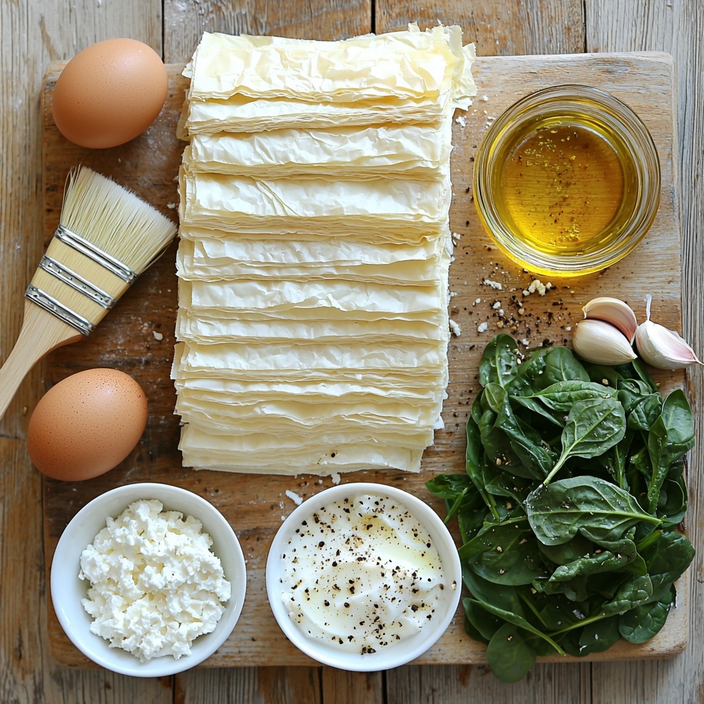 phyllo dough sheets neatly stacked with a light dusting of flour, small glass bowl of golden olive oil with a brush resting on its edge, fresh vibrant green chopped spinach piled loosely on a white ceramic plate, crumbled white feta cheese in a rustic small bowl, creamy ricotta cheese in a simple white ramekin, a single brown egg placed on a wooden surface, finely chopped deep red sun-dried tomatoes in a tiny glass jar, minced garlic clove next to a small pile of pale garlic pieces, coarse salt crystals and freshly ground black pepper scattered artfully, sprigs of fresh green parsley or thyme arranged delicately nearby, all ingredients arranged symmetrically on a clean light wood surface with natural soft daylight highlighting textures and colors, subtle shadows for depth, minimal props for a modern, fresh, and inviting look, overhead shot, top down view, flat lay photography, professional food styling --ar 1:1 --q 2 --s 750 --v 6.1