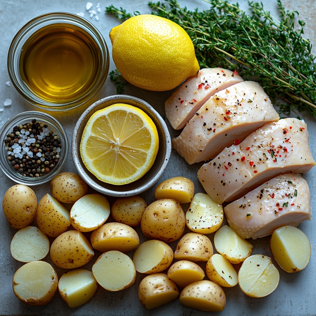 Boneless chicken breasts, small fingerling potatoes halved, fresh garlic cloves whole and minced in a small bowl, two whole bright yellow lemons with one halved to show juicy interior, fresh thyme and parsley sprigs scattered loosely, a small bowl of golden olive oil, a glass measuring cup with creamy white heavy cream, a clear bowl with light golden chicken broth, coarse sea salt crystals in a small dish, fresh cracked black pepper sprinkled nearby—all artfully arranged on a clean, white matte surface enhancing the natural colors and textures. The setup highlights the rustic, fresh ingredients with soft natural lighting creating gentle shadows for depth, emphasizing the vibrant yellow lemons, earthy potatoes, and fragrant herbs. The composition is balanced but casual, with some ingredients overlapping slightly and others spaced to create visual interest and harmony. Overhead shot, top down view, flat lay photography, professional food styling --ar 1:1 --q 2 --s 750 --v 6.1