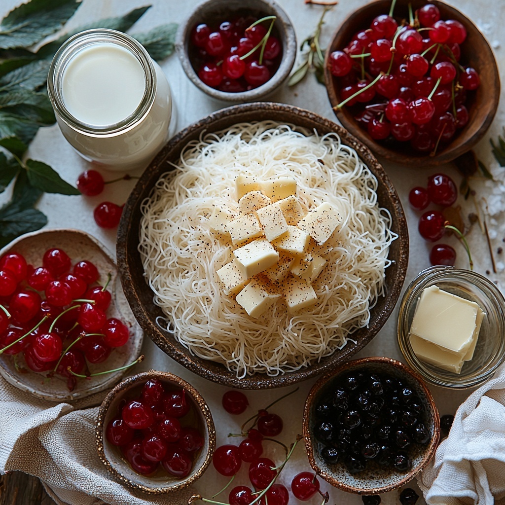 200g vermicelli noodles loosely piled with some toasted golden-brown strands visible, a small rustic bowl of bright red roughly chopped maraschino cherries scattered beside it, a small mound of dark, glossy currants arranged neatly nearby, 4 tablespoons of salted butter in a small vintage dish showing creamy pale yellow texture, a heap of rich brown sugar with visible crystals spilling slightly, tiny bowls containing warm-colored ground cinnamon and finely ground nutmeg, a glass bottle and small dish of amber vanilla extract and pale almond essence, a prominently placed 12oz can of evaporated milk alongside a clear glass jug filled with creamy whole milk, a small cup with clear water (slightly dewy), and a small jar of thick, glossy condensed milk with a subtle sheen. The ingredients are artfully arranged on a clean white surface, with natural soft daylight casting gentle shadows, emphasizing warm tones and varied textures. Minimalistic styling with slight rustic accents, fresh green leaves and a linen napkin subtly framing the composition. Overhead shot, top down view, flat lay photography, professional food styling --ar 1:1 --q 2 --s 750 --v 6.1