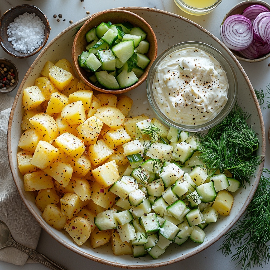A clean white marble surface with all the main ingredients for Greek Yogurt Potato Salad neatly arranged in a flat lay composition: diced golden-yellow potatoes in a rustic white ceramic bowl, a small glass bowl filled with creamy, thick white Greek yogurt, a separate bowl holding freshly diced vibrant green cucumber, finely chopped red onion with delicate purple and white hues presented in a small wooden dish, a bunch of fresh bright green dill sprigs artfully placed alongside, a small glass ramekin with pale yellow lemon juice, and scattered coarse sea salt crystals and cracked black peppercorns adding texture. Soft natural lighting highlights the varied textures—the smoothness of yogurt, the crispness of cucumbers, the slightly rough potato pieces, and the delicate feathery dill leaves. Minimal shadows and subtle reflections emphasize freshness and simplicity, with a few vintage silver spoons and a linen napkin in soft beige tones casually placed to enhance the inviting, rustic yet modern styling. Overhead shot, top down view, flat lay photography, professional food styling --ar 1:1 --q 2 --s 750 --v 6.1
