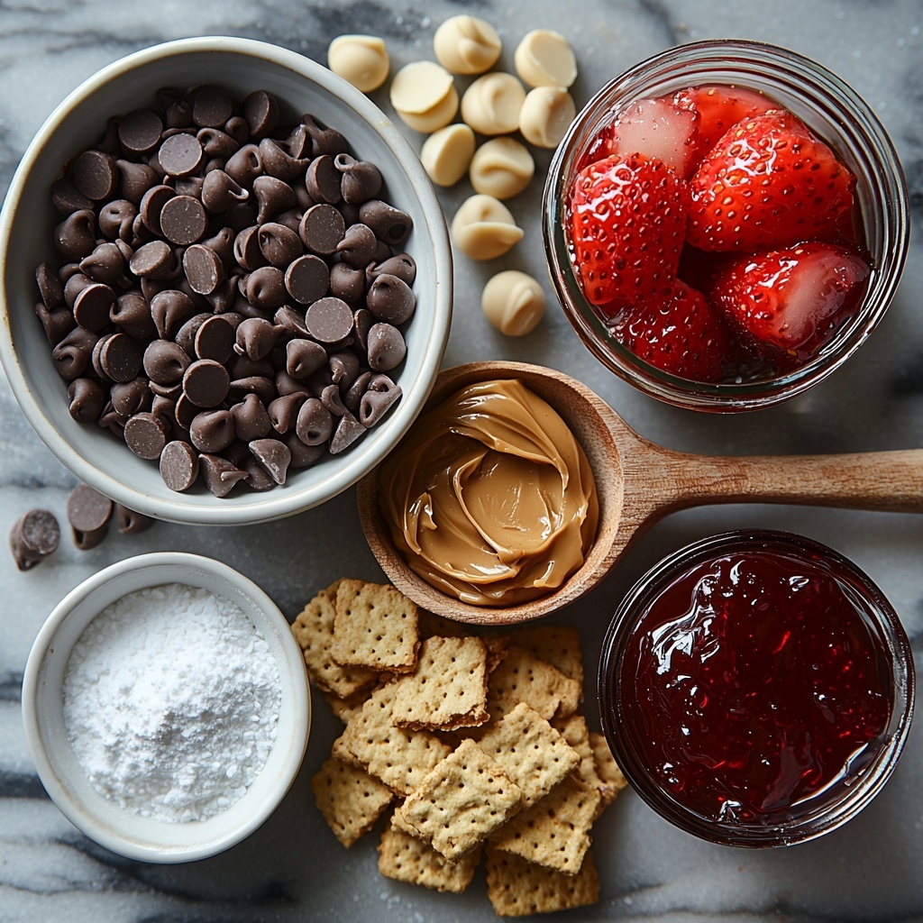 a clean, bright surface with all ingredients for peanut butter and jelly cups neatly arranged in a balanced flat lay. 1 cup semi-sweet chocolate chips in a small white bowl, glossy dark brown chips catching light; nearby a small glass ramekin with 1 tablespoon coconut oil, its smooth, translucent texture shimmering. A small ceramic bowl filled with creamy, smooth peanut butter in rich tan color, next to a smaller bowl holding fluffy white powdered sugar, soft and powdery texture visible. A wooden spoon rests beside a small pile of golden-brown graham cracker crumbs, coarse and crunchy-looking. A tiny glass container with clear vanilla extract, its pale amber liquid shimmering subtly. A pinch of salt displayed as a small heap of fine white crystals on a minimalist porcelain dish. A small glass jar of vibrant red strawberry jelly (or mixed berry jam), glossy and shiny with seeds visible inside. Natural light softly illuminating the scene, casting gentle shadows and highlighting textures and colors. Styling includes simple white ceramic and glass containers, a rustic wooden spoon, and a clean, neutral background enhancing the warm tones of ingredients. Overhead shot, top down view, flat lay photography, professional food styling --ar 1:1 --q 2 --s 750 --v 6.1