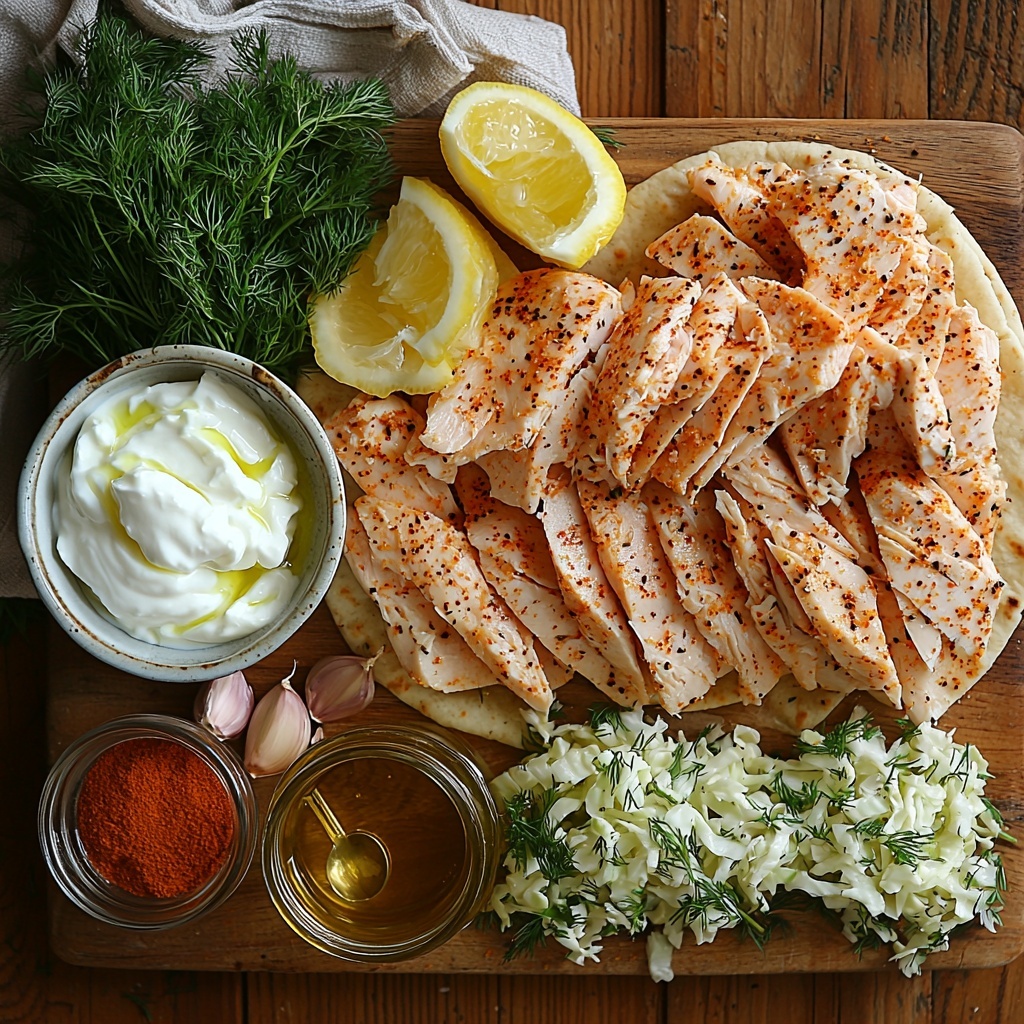 A clean, bright wooden surface with all the main ingredients for Sheet Pan Chicken Pitas artfully arranged in a flat lay style: raw chicken breast strips seasoned with paprika and garlic powder on a small white ceramic plate, a glass bowl of golden olive oil with a drizzle spoon, scattered garlic cloves and a small pile of paprika powder, a cluster of fresh chopped dill and parsley sprigs vibrant green and fresh, a bowl of creamy Greek yogurt next to a small glass of buttermilk, finely shredded pale green cabbage neatly piled, a small lemon wedge with juice droplets visible, four whole wheat pita breads stacked slightly askew showing their warm, textured surface. The composition balances natural warm tones from the chicken and pitas with the fresh greens and creamy whites of herbs and slaw ingredients. Soft natural lighting highlights the textures of the ingredients, gentle shadows add depth. Minimal rustic props like a linen napkin and a wooden spoon subtly frame the scene. overhead shot, top down view, flat lay photography, professional food styling --ar 1:1 --q 2 --s 750 --v 6.1