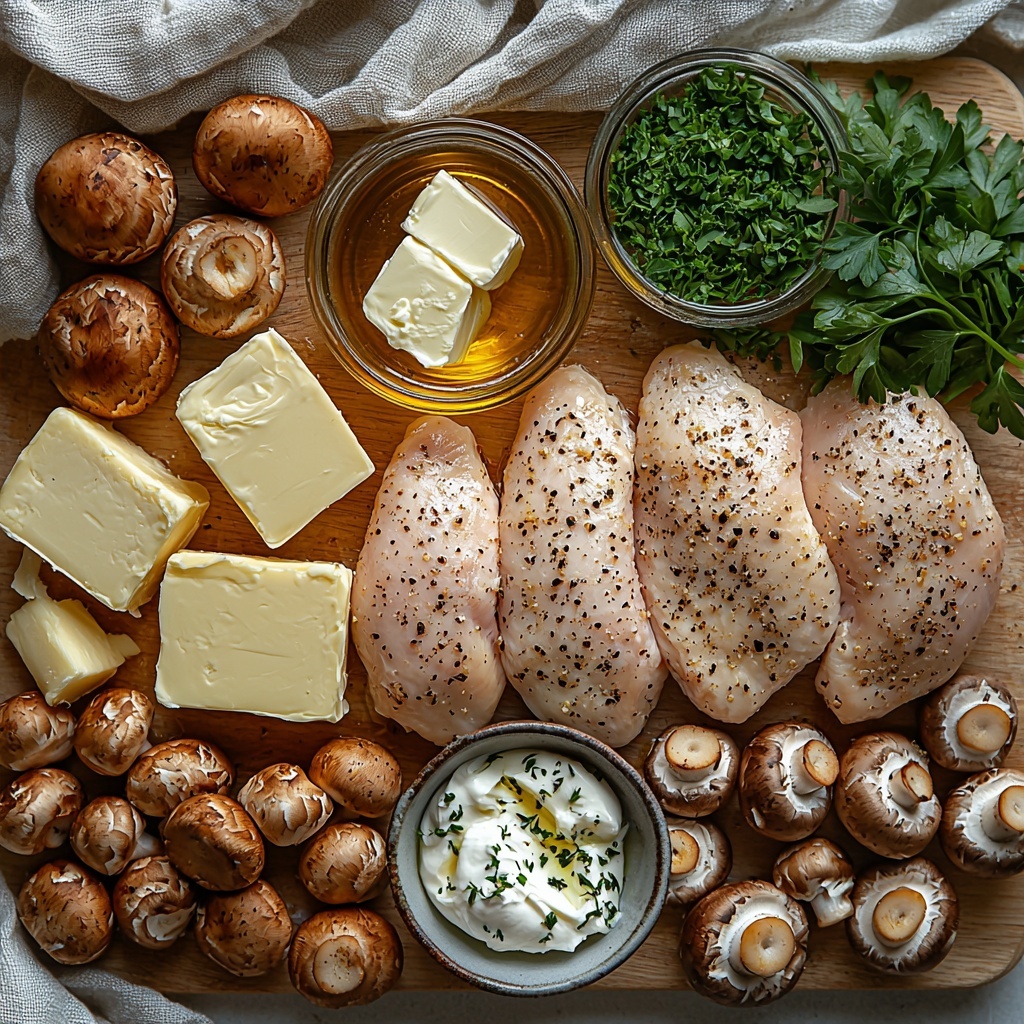 boneless skinless chicken breasts raw, coarse salt and cracked black pepper in small bowls, golden olive oil in a small glass dish, unsalted butter block on parchment, sliced fresh brown mushrooms with earthy texture, two cloves of peeled garlic minced next to whole garlic bulb, clear chicken broth in a measuring cup, creamy Boursin garlic and fine herbs cheese with visible herb flecks on a rustic plate, thick heavy cream in a small white ceramic bowl, vibrant chopped fresh parsley sprinkled beside a wooden spoon, all ingredients arranged neatly on a clean white surface with soft natural lighting creating gentle shadows, emphasizing the contrasting textures and rich colors, subtle props like a linen napkin and wooden cutting board at edges to enhance rustic cozy feel, crisp focus, minimalistic and airy composition, overhead shot, top down view, flat lay photography, professional food styling --ar 1:1 --q 2 --s 750 --v 6.1