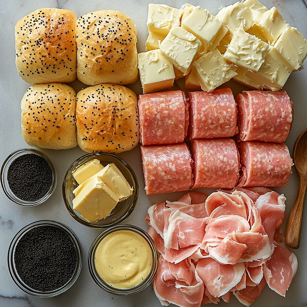 A clean white marble surface with ingredients neatly arranged for a Ham and Cheese Sliders recipe: a stack of 12 glossy golden-brown Hawaiian slider rolls with soft, fluffy texture; several slices of pale pink deli ham folded delicately beside them; thin slices of creamy Swiss cheese with characteristic holes arranged in a fan shape; a small clear glass bowl filled with melted golden butter glistening under soft light; a tiny white ramekin holding smooth, pale yellow Dijon mustard; a small glass dish with dark glossy Worcestershire sauce; a wooden spoon resting near a shallow dish of tiny black poppy seeds; a small bowl of light tan dried onion flakes scattered loosely; a small butter brush with soft bristles placed casually nearby; all elements spaced evenly and balanced to create harmony and contrast, emphasizing warm tones of bread and cheese against the cooler tones of bowls and utensils — natural daylight lighting with soft shadows, minimalistic props, focus on textures and fresh ingredients, clean and inviting atmosphere, overhead shot, top down view, flat lay photography, professional food styling --ar 1:1 --q 2 --s 750 --v 6.1