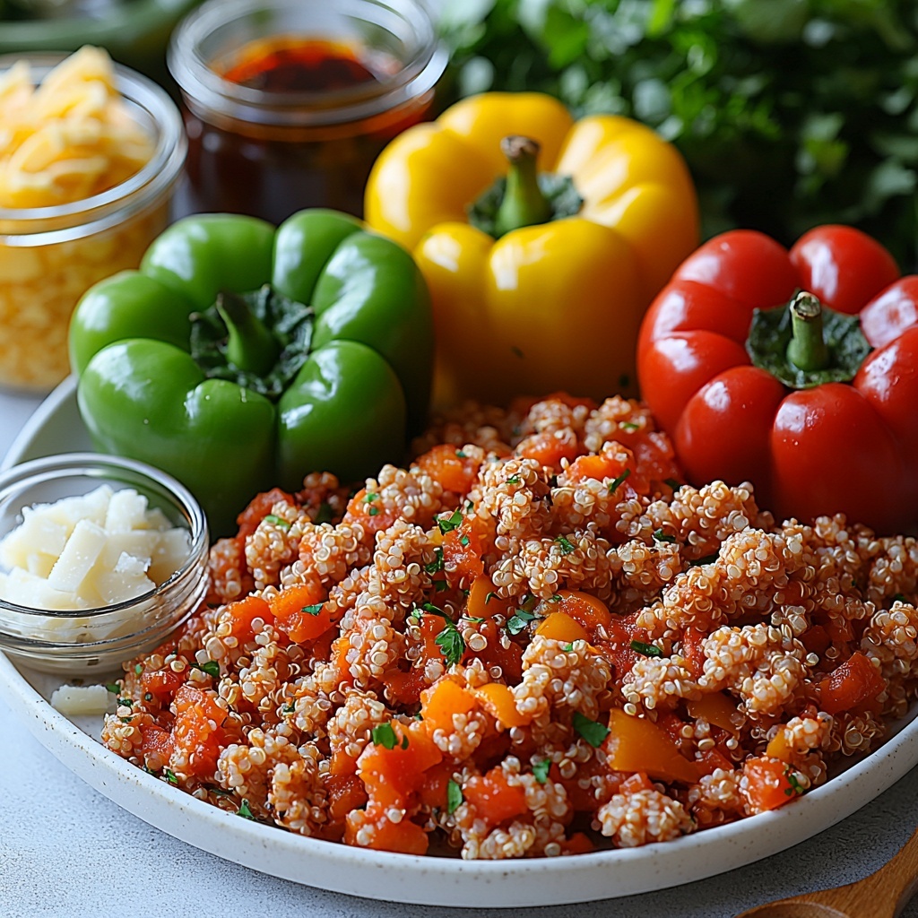 a clean white surface neatly arranged with the main ingredients for healthy quinoa and ground turkey stuffed peppers: vibrant whole bell peppers—three green and three red—placed evenly spaced, a small clear bowl filled with uncooked fluffy quinoa grains, a glass measuring cup with rich golden olive oil catching the light, a rustic wooden spoon resting beside a mound of finely chopped bright white vidalia onion and minced garlic cloves, a raw portion of pale pink ground turkey shaped loosely on a white ceramic plate, a small white bowl containing deep red thick tomato paste, a drained can of diced tomatoes showing juicy red chunks, a glass jar of dark brown Worcestershire sauce with label visible, a small ramekin of mixed shredded Italian cheeses showcasing creamy whites and pale yellows, a neat sprinkle of coarse salt crystals and freshly ground black peppercorns scattered delicately nearby for texture contrast, all ingredients arranged symmetrically with balanced spacing on the clean background, natural soft daylight illuminating the scene emphasizing fresh colors and textures, subtle shadows adding depth, minimal props to keep focus on ingredients, styled with modern rustic aesthetic, overhead shot, top down view, flat lay photography, professional food styling --ar 1:1 --q 2 --s 750 --v 6.1
