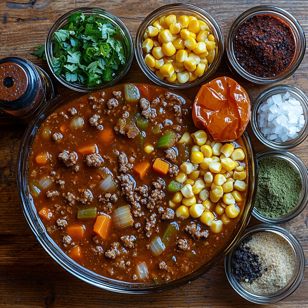 A clean, light wooden surface with all the main ingredients of Crockpot Cowboy Soup neatly arranged in a visually appealing flat lay: a small heap of browned ground beef with rich, browned texture; a clear glass bowl of deep reddish-brown beef broth; a diced yellow onion showing bright, translucent pieces; fresh green bell pepper, diced into crisp, vibrant cubes; two open cans displaying kidney beans with glossy deep red texture and black beans with smooth dark sheen; an opened can of diced tomatoes with juicy, ruby-red chunks; a small bowl of golden yellow sweetcorn kernels; a rustic spoonful of thick, rich, deep red tomato paste; small dishes with chili powder in a deep rust color, paprika in a warm orange shade, cumin with earthy brown tones, finely minced garlic in creamy white, and salt and black pepper granules in neat piles; a small bottle of dark liquid smoke. All elements spaced evenly with a balance of colors and textures, natural soft lighting enhancing the freshness and rustic appeal, subtle shadows adding depth, minimal props, styled for clarity and appetizing appeal. overhead shot, top down view, flat lay photography, professional food styling --ar 1:1 --q 2 --s 750 --v 6.1
