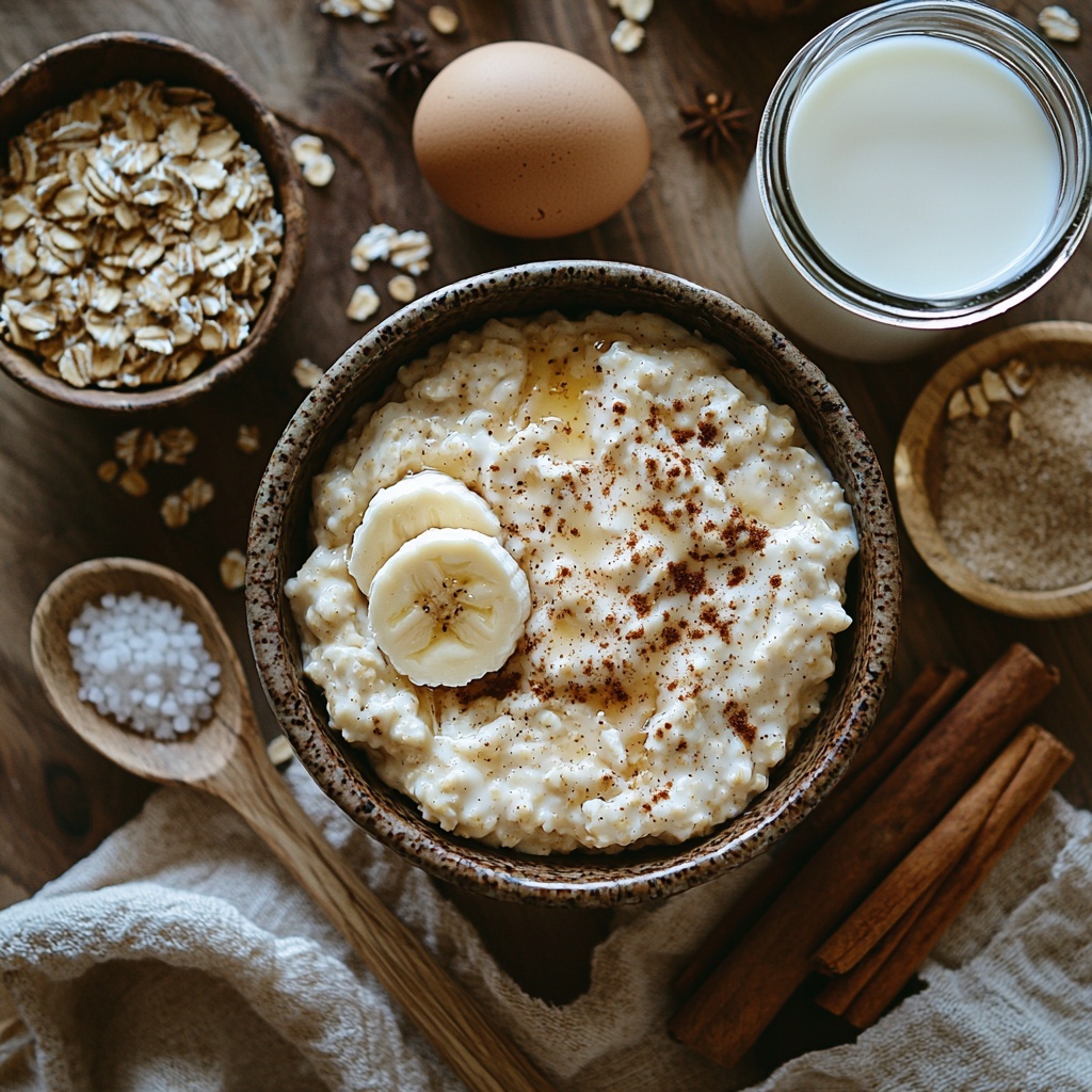 Rolled oats in a small rustic bowl, mashed half a ripe banana with soft, creamy texture, a glass of milk with a smooth white surface, a single brown egg with natural matte shell, a dollop of creamy white cream cheese on a wooden spoon, a small jar of amber maple syrup glistening in light, a tiny bowl with warm golden cinnamon powder, a pinch of coarse salt crystals scattered delicately on a white ceramic spoon, a tablespoon of golden brown sugar with a slightly coarse texture beside cinnamon sticks, all carefully arranged on a clean, light wooden surface with soft natural lighting highlighting the contrasting textures and warm tones, styled with a neutral linen napkin and subtle shadows for depth, overhead shot, top down view, flat lay photography, professional food styling --ar 1:1 --q 2 --s 750 --v 6.1