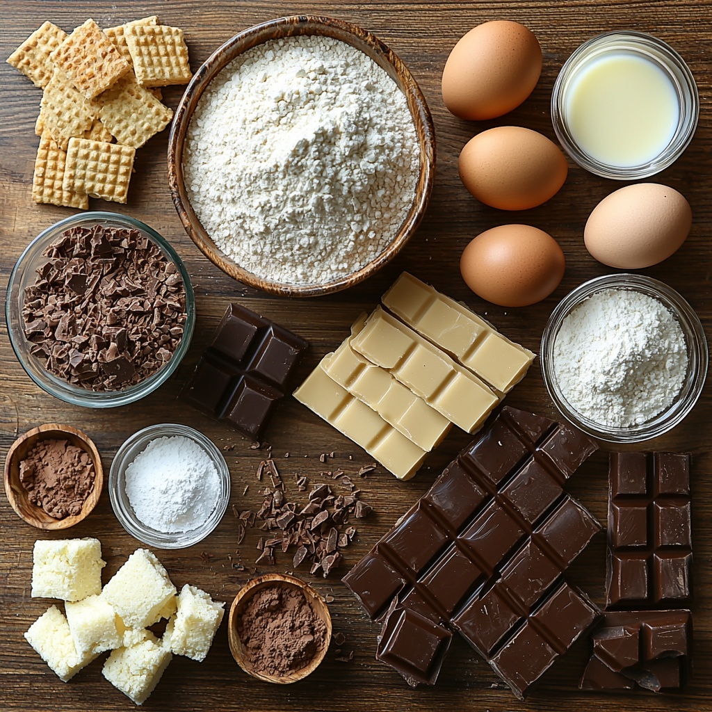 Main ingredients including all-purpose flour, unsweetened natural cocoa powder, baking powder, baking soda, fine salt, packed brown sugar, granulated sugar, canola oil, buttermilk, large egg, pure vanilla extract, graham cracker crumbs, large egg whites, cream of tartar, broken graham crackers pieces, and milk chocolate bar segments are artfully arranged on a clean, light wood surface. The flour is gently poured into a rustic ceramic bowl with soft, powdery texture visible, next to a small wooden spoon lightly dusted with cocoa powder. Nearby, neat piles of brown sugar and granulated sugar create contrasting amber and white crystalline textures. A glass measuring cup holds golden canola oil, catching soft natural light, while a small bowl of creamy white buttermilk sits adjacent to a cracked egg showing the vibrant yolk. Vanilla extract is presented in a tiny glass bottle with a subtle amber tint. A scattering of graham cracker crumbs alongside broken chunks of graham crackers adds a crunchy, rustic feel. Fluffy beaten egg whites are suggested by a glossy swirl of white meringue in a mixing bowl, complemented by a small dish of cream of tartar powder and a pinch of fine salt in delicate porcelain spoons. Segments of smooth milk chocolate bars are laid out with clean edges highlighting their rich brown color. The entire arrangement balances warm earth tones and neutral whites, styled with soft natural light, subtle shadows, and minimal kitchen props to emphasize the textures and inviting colors. Overhead shot, top down view, flat lay photography, professional food styling --ar 1:1 --q 2 --s 750 --v 6.1