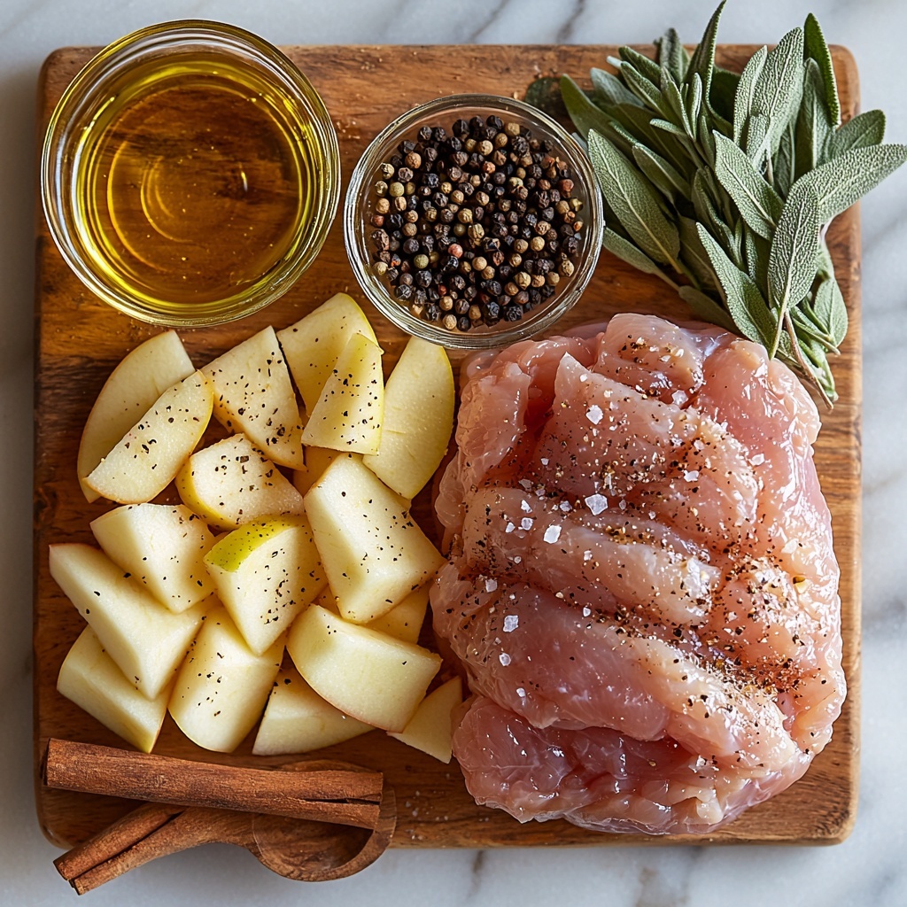 14-16 pound whole raw turkey with pale pinkish skin, a small glass bowl of golden olive oil, a stick of unsalted butter softened and creamy pale yellow, small wooden spoon with coarse salt crystals, black peppercorns and ground black pepper scattered lightly, fresh red apple sliced into thin crescent pieces with glossy skin, a single rustic cinnamon stick with rich brown texture, fresh green rosemary and thyme sprigs with delicate needle-like leaves, bright green fresh sage leaves with velvety texture; all ingredients carefully arranged on a clean, smooth white marble surface with subtle natural light casting gentle shadows, minimalistic styling emphasizing natural colors and textures, slight rustic wooden elements for contrast, crisp focus on each ingredient, soft warm tones enhancing freshness and earthiness, negative space balanced to highlight each item distinctly, overhead shot, top down view, flat lay photography, professional food styling --ar 1:1 --q 2 --s 750 --v 6.1