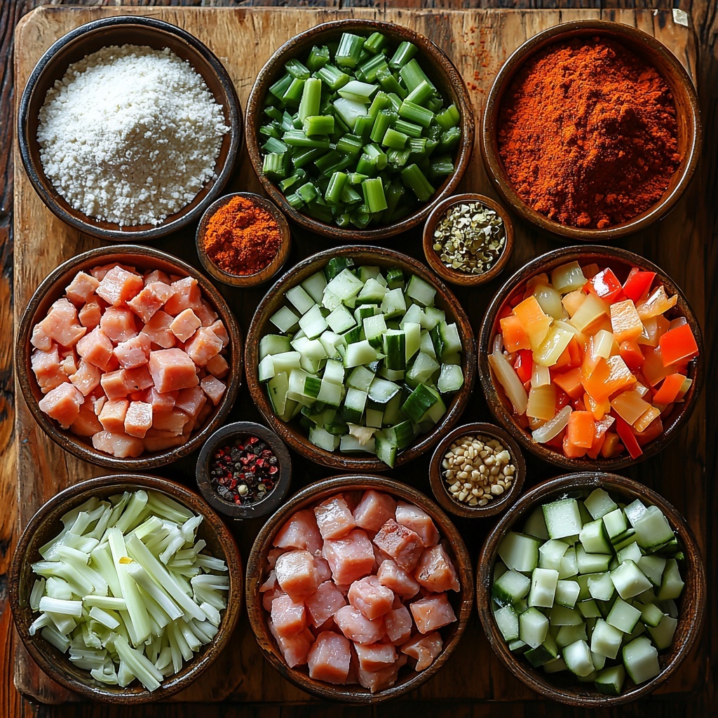 A vibrant flat lay of Mardi Gras Gumbo ingredients arranged neatly on a clean, rustic wooden surface. Include a small bowl of dark, glossy vegetable oil beside a heap of golden all-purpose flour. Nearby, finely chopped bright white onion, vivid green bell pepper pieces, and crisp, pale green celery stalks are grouped together. Minced garlic cloves scattered in a small pile add texture. Sliced smoky sausage with a rich reddish-brown color lies next to diced, tender chicken thighs with a light pink hue. Fresh, glistening raw shrimp with gray and pink tones are arranged carefully. A bowl of fresh sliced green okra shows its unique texture and seeds. A measuring cup holds rich, amber chicken broth, with two dried, slightly curled bay leaves placed artistically nearby. Small bowls showcase warm orange Cajun seasoning powder, finely chopped thyme leaves, and salt and pepper granules. A separate bowl contains fluffy, cooked white rice for serving. The composition features balanced colors and textures, emphasizing freshness and rustic authenticity, styled with subtle shadows and natural light for a warm, inviting feel. Overhead shot, top down view, flat lay photography, professional food styling --ar 1:1 --q 2 --s 750 --v 6.1