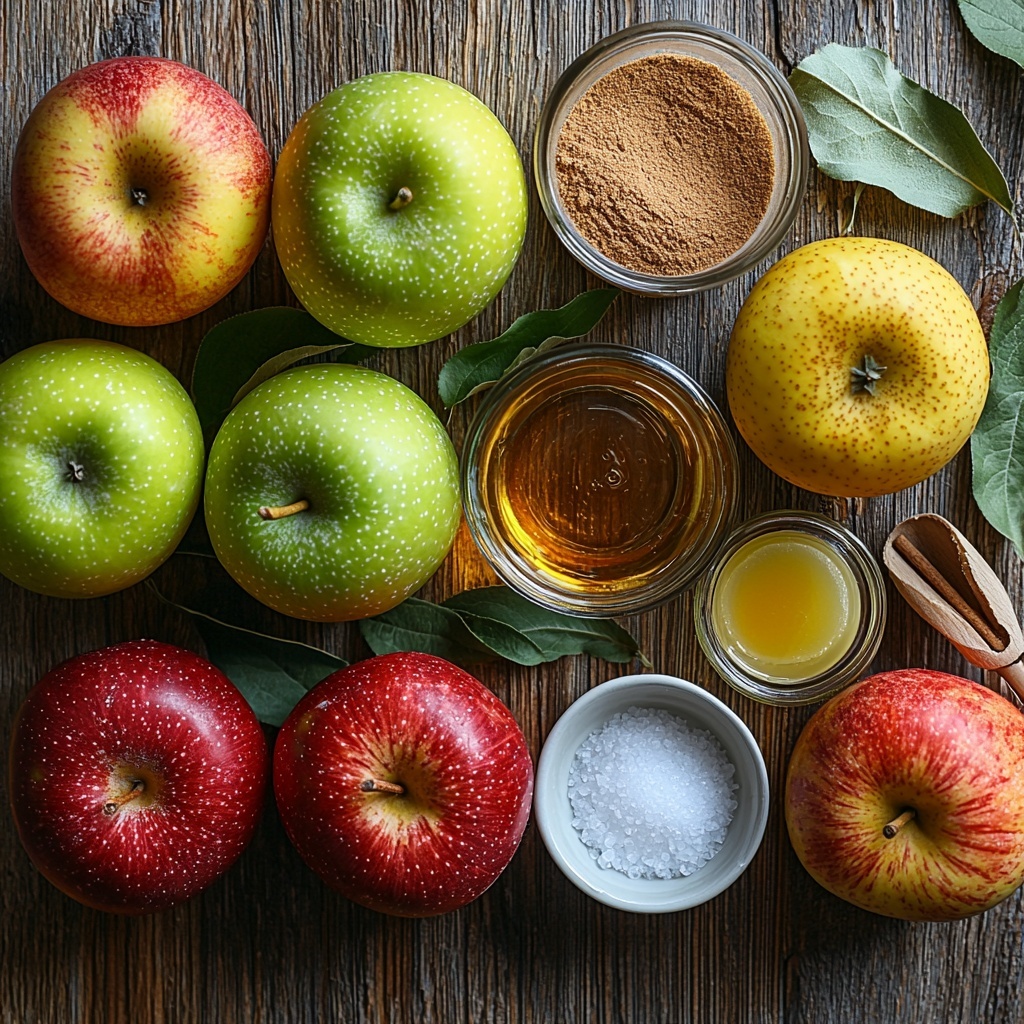 Midjourney prompt:

A clean, light wooden surface displays all the main ingredients for homemade apple sauce arranged thoughtfully in a balanced flat lay. Six medium apples—three glossy red Fuji apples and three bright green Granny Smith apples—are spread out with a natural, fresh look. A small clear glass bowl holds 1/4 cup of water, shimmering softly. Nearby, a small white ceramic dish contains 2 tablespoons of fine granulated sugar, sparkling in natural light. A small glass jar of golden lemon juice sits beside a wooden spoon dusted lightly with 1 teaspoon of warm brown ground cinnamon, its powder softly textured and spreading slightly on the surface. A tiny white porcelain pinch bowl holds a small amount of fine salt, creating a subtle contrast. The overall color palette combines vibrant reds, greens, and warm cinnamon tones against the neutral background, with natural daylight casting soft shadows and highlighting textures—smooth apple skins, fine powder of cinnamon and salt, and the clear liquid of lemon juice and water. The composition is airy, inviting, and perfect for a cozy autumn recipe feature. Overhead shot, top down view, flat lay photography, professional food styling --ar 1:1 --q 2 --s 750 --v 6.1