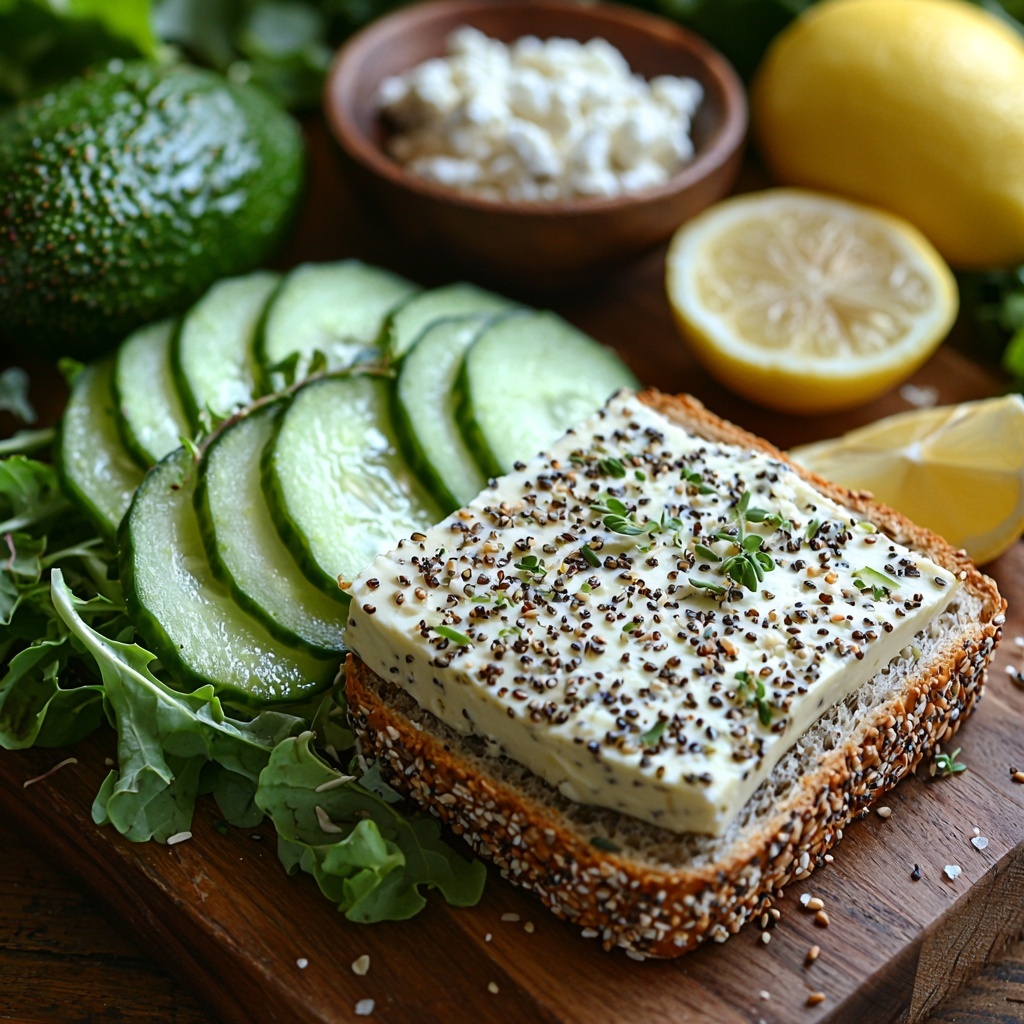 Dave’s Killer Bread 21 Whole Grains and Seeds slices arranged neatly showing their seeded texture, creamy herbed goat cheese in a small rustic bowl with a smooth surface, vibrant green romaine lettuce leaves fanned out, half large cucumber peeled and thinly sliced with fresh moisture visible, ripe avocado sliced and fanned with creamy pale green flesh, small fresh lemon wedge highlighting bright yellow color, delicate alfalfa sprouts loosely scattered with fine textures, coarse sea salt crystals and cracked black peppercorns sprinkled artfully nearby. All ingredients placed on a clean, light wooden surface with natural soft daylight highlighting the fresh colors and contrasting textures, shadows soft and minimal, styled with minimal props to emphasize freshness and natural beauty. Overhead shot, top down view, flat lay photography, professional food styling --ar 1:1 --q 2 --s 750 --v 6.1