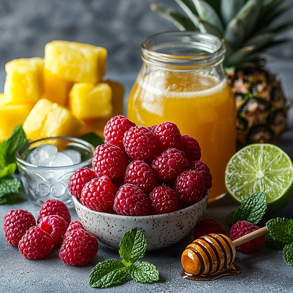 fresh raspberries bright red and plump, scattered loosely alongside a small bowl filled with more raspberries; creamy white coconut milk in a clear glass jar with smooth texture; a translucent glass pitcher of golden yellow pineapple juice catching light softly; a small glass bowl holding pale green freshly squeezed lime juice; a wooden spoon resting on the surface with glossy amber honey or agave syrup dripping slightly; clear ice cubes arranged in a small neat pile showing crisp edges; fresh vibrant green mint leaves artfully placed near the raspberries and honey, some loose and some in a small cluster; all ingredients arranged symmetrically on a clean white matte surface with soft natural lighting casting gentle shadows highlighting the textures and vivid colors, minimal props, emphasizing freshness and tropical brightness, overhead shot, top down view, flat lay photography, professional food styling --ar 1:1 --q 2 --s 750 --v 6.1