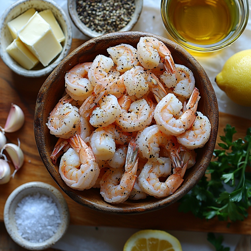medium shrimp peeled and deveined in a small rustic bowl, kosher salt and freshly ground black pepper in tiny white ceramic spoons, 8 tablespoons unsalted butter divided into neat cubes on a vintage wooden cutting board, 5 cloves garlic minced finely on a white marble slab, 1/4 cup golden chicken stock in a clear glass measuring cup, 3 tablespoons freshly squeezed lemon juice in a small bright yellow bowl, 2 tablespoons chopped fresh green parsley leaves scattered loosely on fresh parchment paper, all ingredients arranged artfully on a clean light wood surface with natural soft daylight highlighting the vibrant colors and contrasting textures, subtle shadows for depth, balanced spacing inviting the eye to move across the scene, minimalistic rustic aesthetic, overhead shot, top down view, flat lay photography, professional food styling --ar 1:1 --q 2 --s 750 --v 6.1