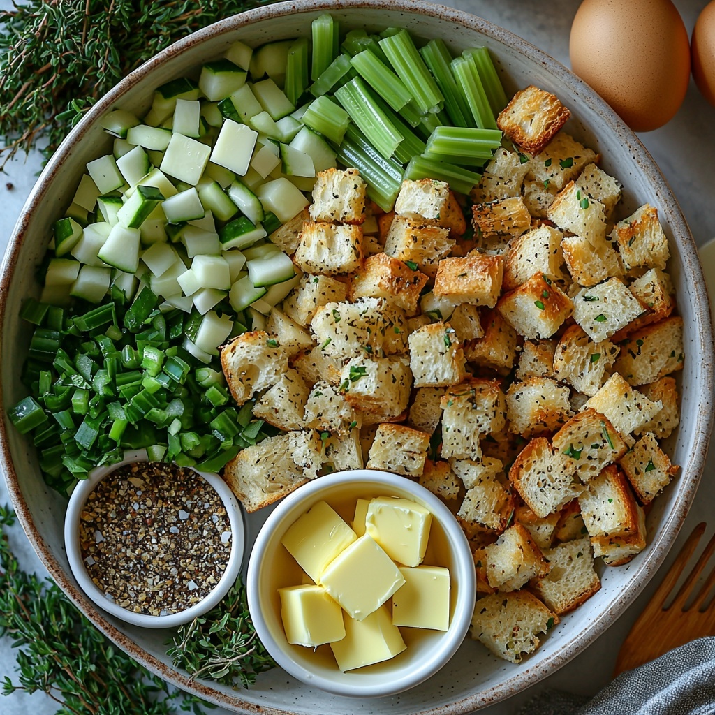 butter in a small white ceramic dish, chopped yellow onions in a neat pile, bright green chopped celery arranged beside it, a small bundle of fresh flat-leaf parsley with vibrant green leaves, fresh brown mushrooms thinly sliced and fanned out, rustic golden-brown stuffing bread cubes scattered loosely, small white bowls containing poultry seasoning, rubbed sage, salt, fresh thyme sprigs, and freshly ground black pepper arranged in a semi-circle, a glass measuring cup filled with rich golden chicken broth, two large brown eggs cracked open with smooth whites in a simple dish, all ingredients carefully spaced on a clean white textured surface that enhances the natural colors and textures, soft natural light casting gentle shadows to emphasize freshness and detail, styled with minimal vintage kitchen props like a wooden spoon and linen napkin for warmth, overhead shot, top down view, flat lay photography, professional food styling --ar 1:1 --q 2 --s 750 --v 6.1
