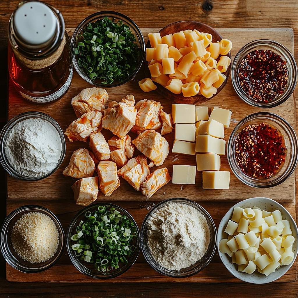 Spicy honey, soy sauce, olive oil, garlic powder in a small bowl, onion powder, crushed red pepper flakes scattered neatly in small dishes; raw chicken breast chunks displayed on a wooden board, all-purpose flour in a clear glass bowl, uncooked elbow macaroni arranged in a small heap, shredded cheddar cheese piled on a rustic white plate, heavy cream in a small glass jug, freshly chopped green onions on a white ceramic spoon. All ingredients laid out on a clean light wood surface with soft natural lighting to highlight the vibrant yellows of the cheddar, rich amber of the honey, deep reds of the pepper flakes, and the fresh green of the onions. Textures contrast from smooth cream and honey to coarse flour and rough chicken pieces; minimal shadows, crisp focus, styled for an inviting, organized composition. overhead shot, top down view, flat lay photography, professional food styling --ar 1:1 --q 2 --s 750 --v 6.1
