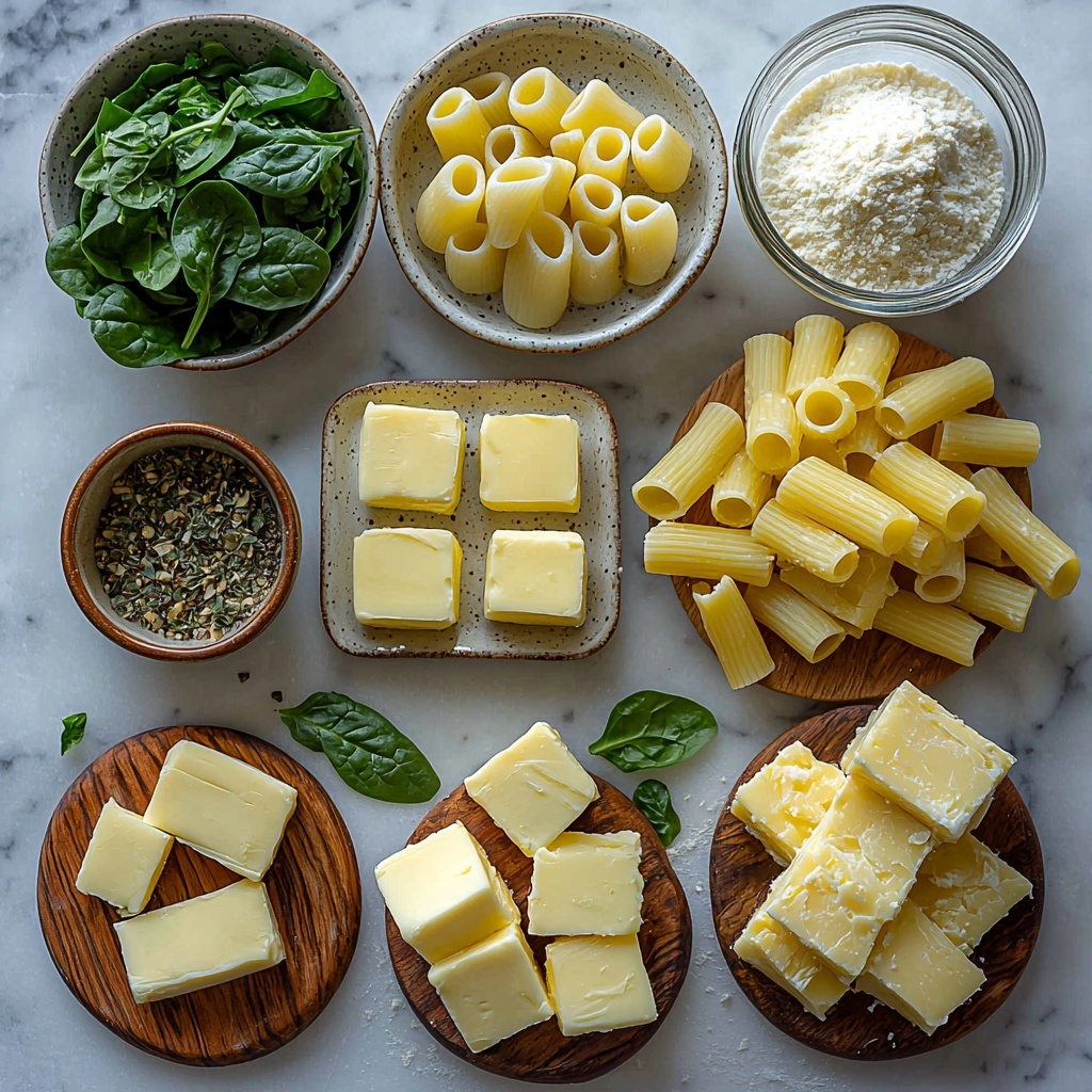 Creamy Spinach Pasta ingredients arranged on a clean white marble surface: a small vintage ceramic bowl with dried oregano, parsley, and mustard powder neatly measured in rows; beside it, a tiny pile of garlic powder on a minimalist white spoon. Four glossy tablespoons of salted butter cut into neat squares on a wooden butter board. Three fresh garlic cloves, peeled and minced, scattered casually nearby. A small glass bowl filled with all-purpose flour, its fine powder texture visible. Adjacent, a clear measuring cup with golden chicken broth, catching soft natural light. Another glass cup with creamy half and half, pale ivory in color. A slender glass container with fresh lemon juice, bright and translucent. A rustic wooden plate heaped with finely grated Parmesan cheese showing delicate flakes. A vibrant handful of fresh spinach leaves, rich dark green with visible veins and dew drops. Lastly, a small heap of uncooked ziti rigati pasta, pale ivory with ridged textures, arranged loosely for a natural feel. The arrangement combines earthy tones, fresh greens, and creamy whites, styled with natural light, soft shadows, and minimal props to highlight textures and colors. Overhead shot, top down view, flat lay photography, professional food styling --ar 1:1 --q 2 --s 750 --v 6.1