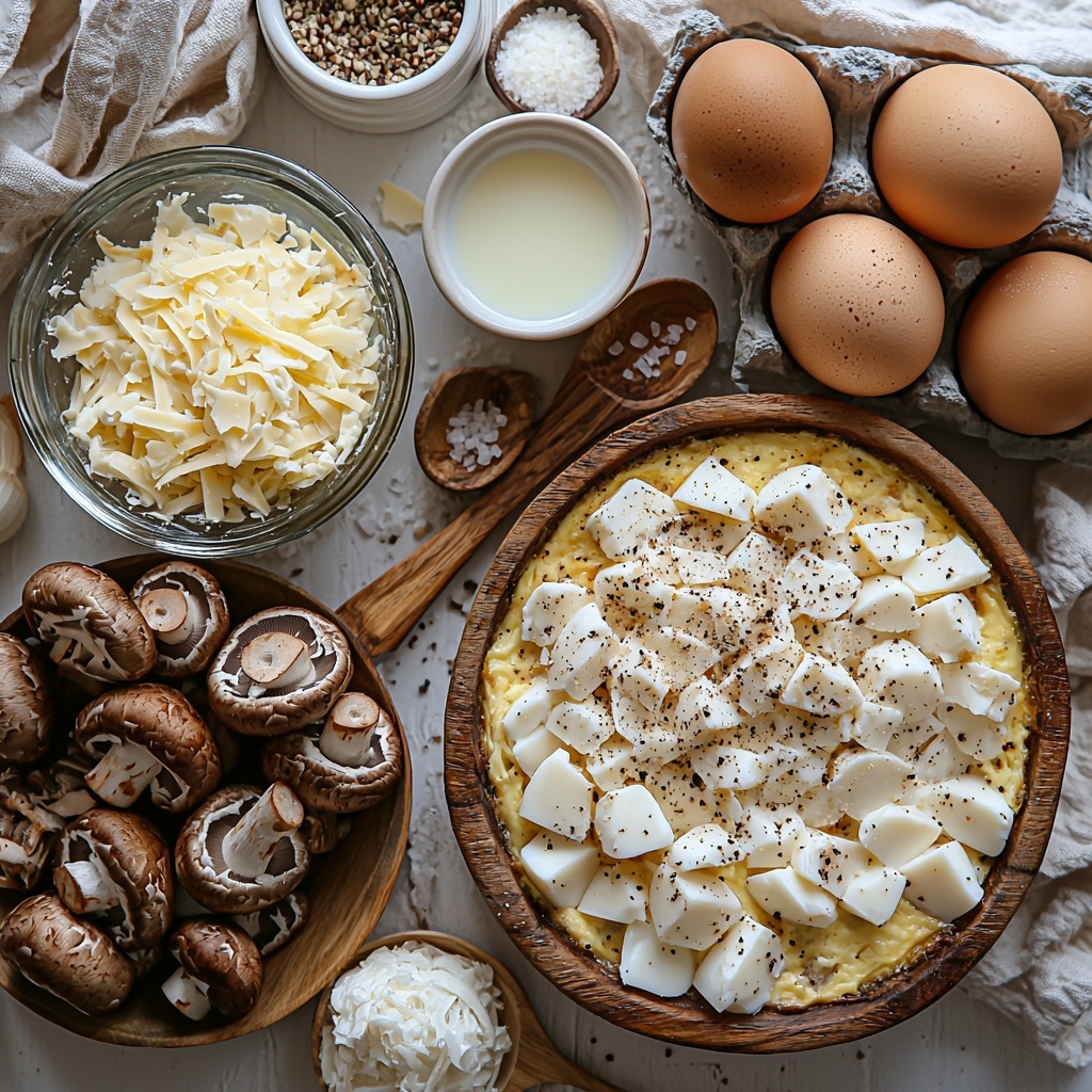 A clean white surface with a neat, visually balanced arrangement of main ingredients for a crustless mushroom quiche: a small glass bowl of golden olive oil, a rustic wooden bowl filled with sliced fresh brown mushrooms showcasing their soft, delicate textures, a small white ramekin containing finely chopped translucent onion pieces, four large brown eggs arranged in a line with smooth shells, a clear measuring cup filled with creamy white milk, a small mound of shredded bright orange cheddar cheese with fine texture spread loosely on a piece of parchment paper, and three small vintage ceramic spoons holding fine salt crystals, coarse black pepper, and pale garlic powder respectively. Soft natural light highlights the warm earthy tones of the mushrooms and cheese contrasted against the clean whites and creams of the eggs and milk. Minimalistic kitchen props like a wooden spoon and a linen napkin casually frame the composition. Overhead shot, top down view, flat lay photography, professional food styling --ar 1:1 --q 2 --s 750 --v 6.1