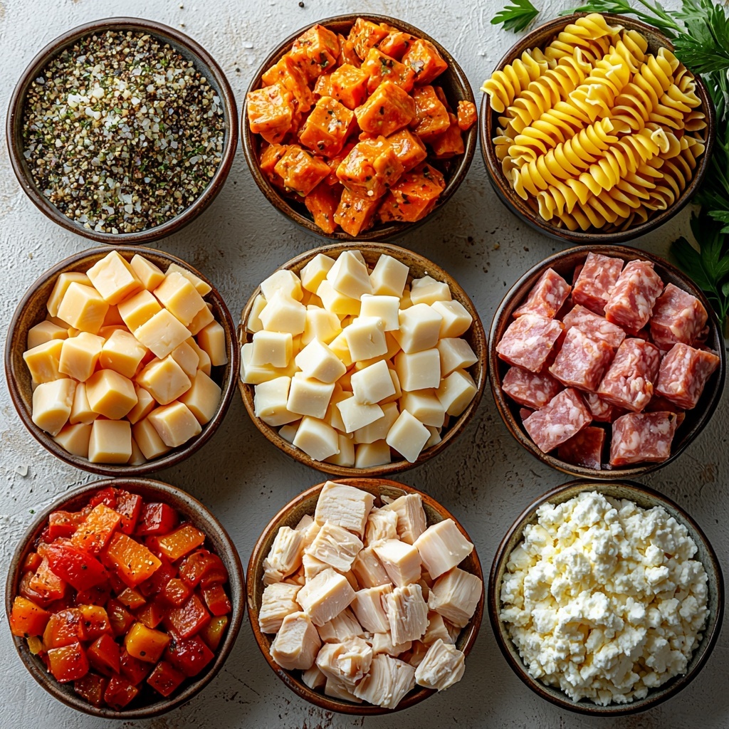 turkey sausage sliced into rounds, boneless skinless chicken breasts diced into cubes, uncooked rotini pasta piled loosely, whole small onion peeled and diced cubes separated, garlic cloves whole and minced cloves displayed, small bowl of olive oil with glistening surface, measuring cups with chicken broth and heavy cream showing creamy liquid textures, shredded Pepper Jack cheese heaped with orange and white marbled colors, grated Parmesan cheese finely textured in a small bowl, small dish of Italian seasoning sprinkled, salt and black peppercorns scattered nearby, fresh parsley sprigs with vibrant green leaves, all ingredients artfully arranged on a clean white or light wooden surface with natural soft lighting emphasizing colors and textures, minimal shadows, slight rustic touch with a few scattered herbs and peppercorns for authenticity, overhead shot, top down view, flat lay photography, professional food styling --ar 1:1 --q 2 --s 750 --v 6.1