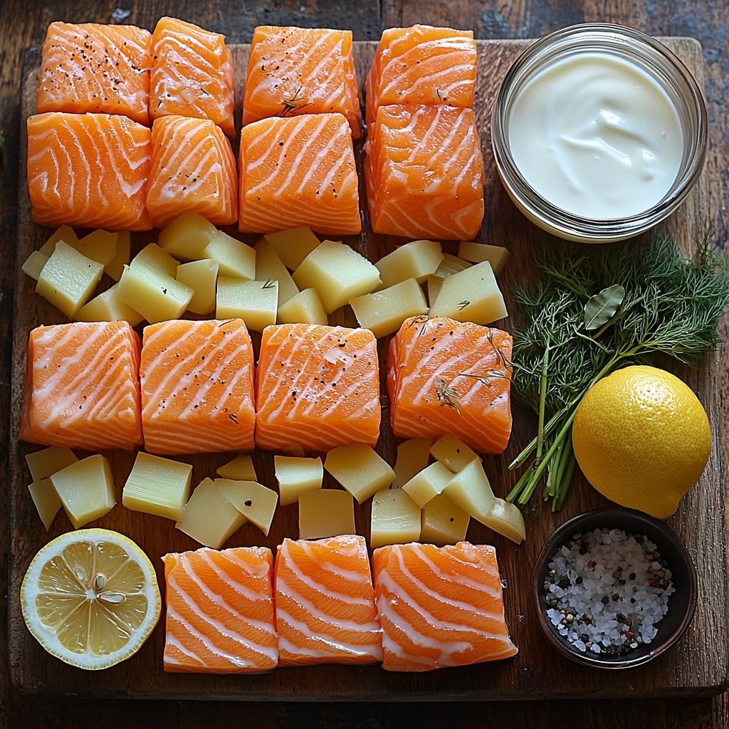 fresh salmon fillet chunks with pale pink flesh, peeled and cubed Yukon Gold potatoes in warm yellow tones, bright orange diced carrots, fresh green chopped celery stalks, finely chopped translucent onion, minced white garlic cloves, small bowl of golden olive oil or creamy butter, sprigs of vibrant green fresh dill, single glossy bay leaf, small dish of dried thyme with earthy brown hues, halved lemon with bright yellow flesh, bowl of creamy white heavy cream, glass of whole milk with soft white tones, clear bowl of light amber fish stock or chicken broth, pinch bowls of coarse salt and cracked black pepper, all ingredients neatly arranged on a clean rustic wooden surface with natural light casting soft shadows, colors vivid and textures crisp, styled with minimal props to emphasize freshness and hominess, overhead shot, top down view, flat lay photography, professional food styling --ar 1:1 --q 2 --s 750 --v 6.1