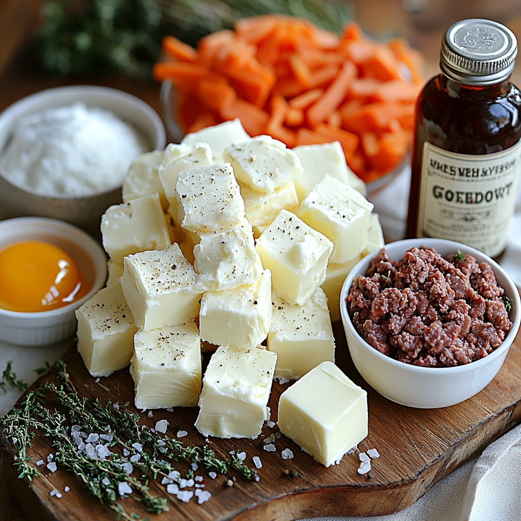 A clean white surface with ingredients neatly arranged for a meat pie recipe: a small mound of all-purpose flour dusted lightly, cold cubed unsalted butter blocks stacked beside it, a small bowl of salt, a small glass of cold water, raw ground beef in a rustic ceramic bowl, a finely chopped onion piled on a wooden board, two minced garlic cloves on a white spoon, a small heap of freshly grated carrot with vibrant orange color, a spoonful of deep red tomato paste in a white porcelain dish, a half cup of rich brown beef broth in a clear glass, a small bottle of Worcestershire sauce with the label facing out, a tiny bowl of dried thyme with greenish-brown flecks, coarse salt and cracked black pepper scattered artfully, and a beaten egg with glossy yellow sheen in a ramekin. Natural light highlights the varied textures: flaky butter, coarse flour, moist ground beef, and glossy wet ingredients. Minimal rustic props like a wooden spoon and linen napkin add warmth. The composition is balanced with a pop of fresh green herbs nearby for color contrast. Overhead shot, top down view, flat lay photography, professional food styling --ar 1:1 --q 2 --s 750 --v 6.1